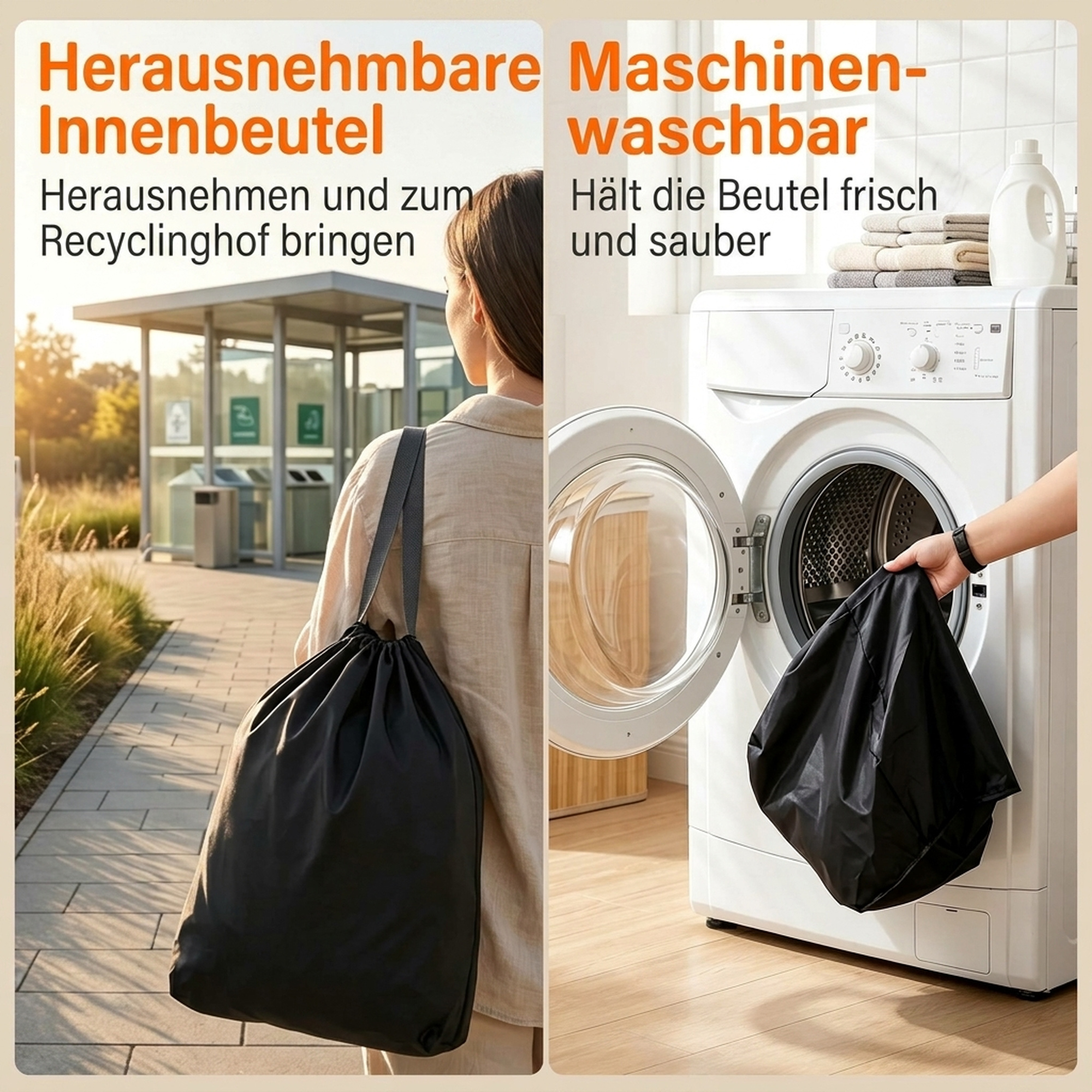 Pfandflaschen Sammelbehälter mit Deckel 150L, Bambus Pfandflaschen Organizer mit Zwei Tasche für Küche