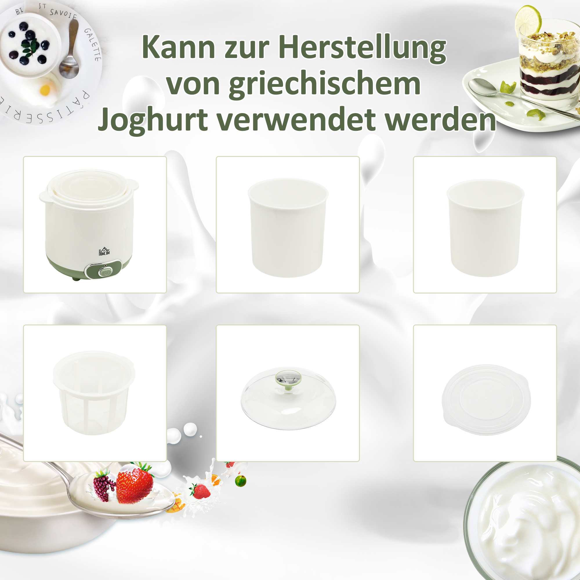 Joghurtbereiter, 1,5 L Joghurtmaschine mit Sieb, Deckel, 20 W Joghurt-Maker für griechischen Joghurt, für 3–5 Personen, 19,5x17,5x21,4 cm, Weiß