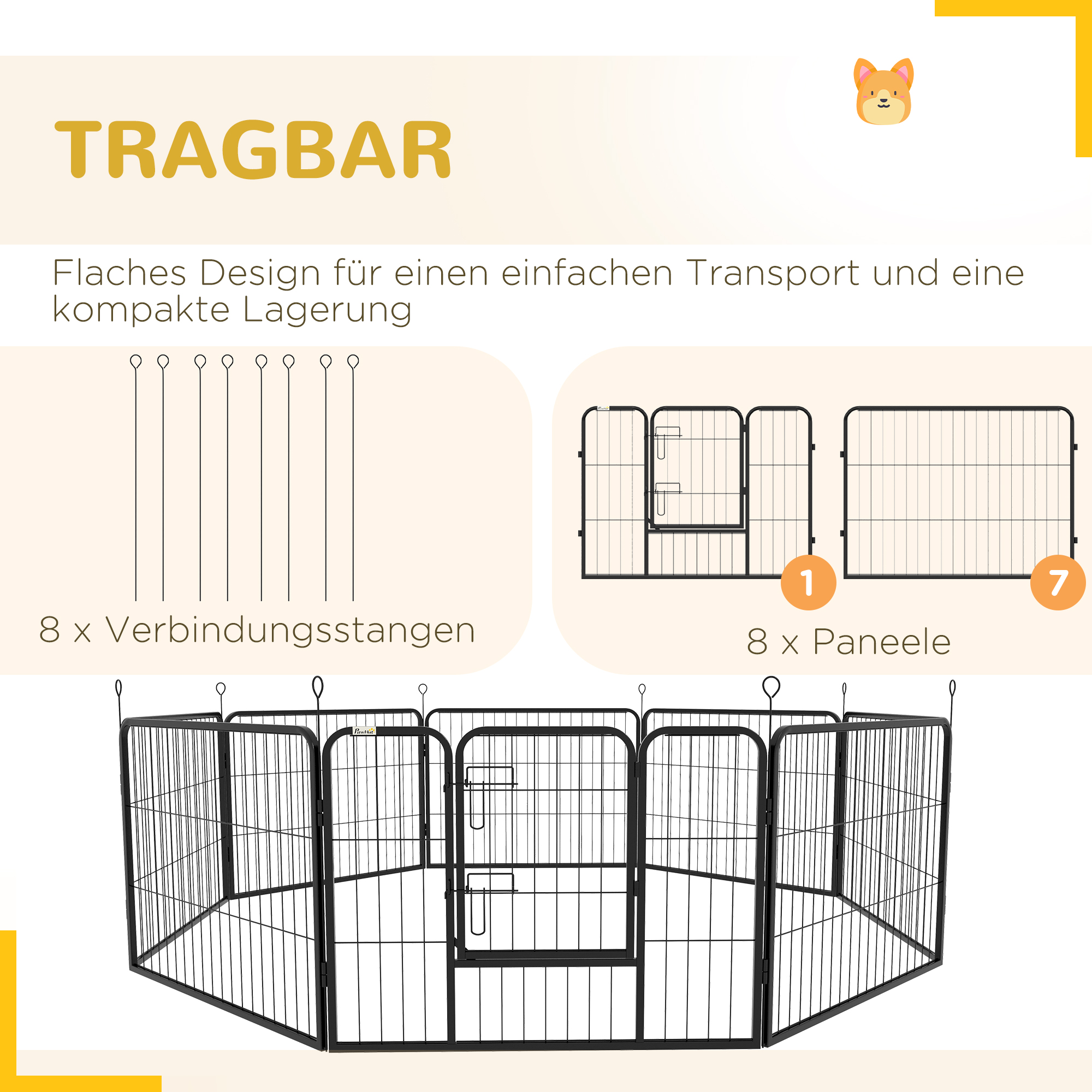 Welpenauslauf Welpengehege Tiergehege, klappbar, verriegelbare Tür, wetterbeständig, 8 Paneele, Schwarz