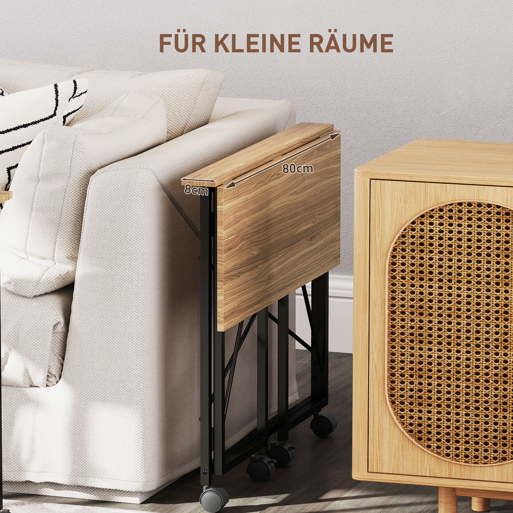 Klappbarer Schreibtisch mit Rädern, platzsparend, Stahl, MDF, Eiche