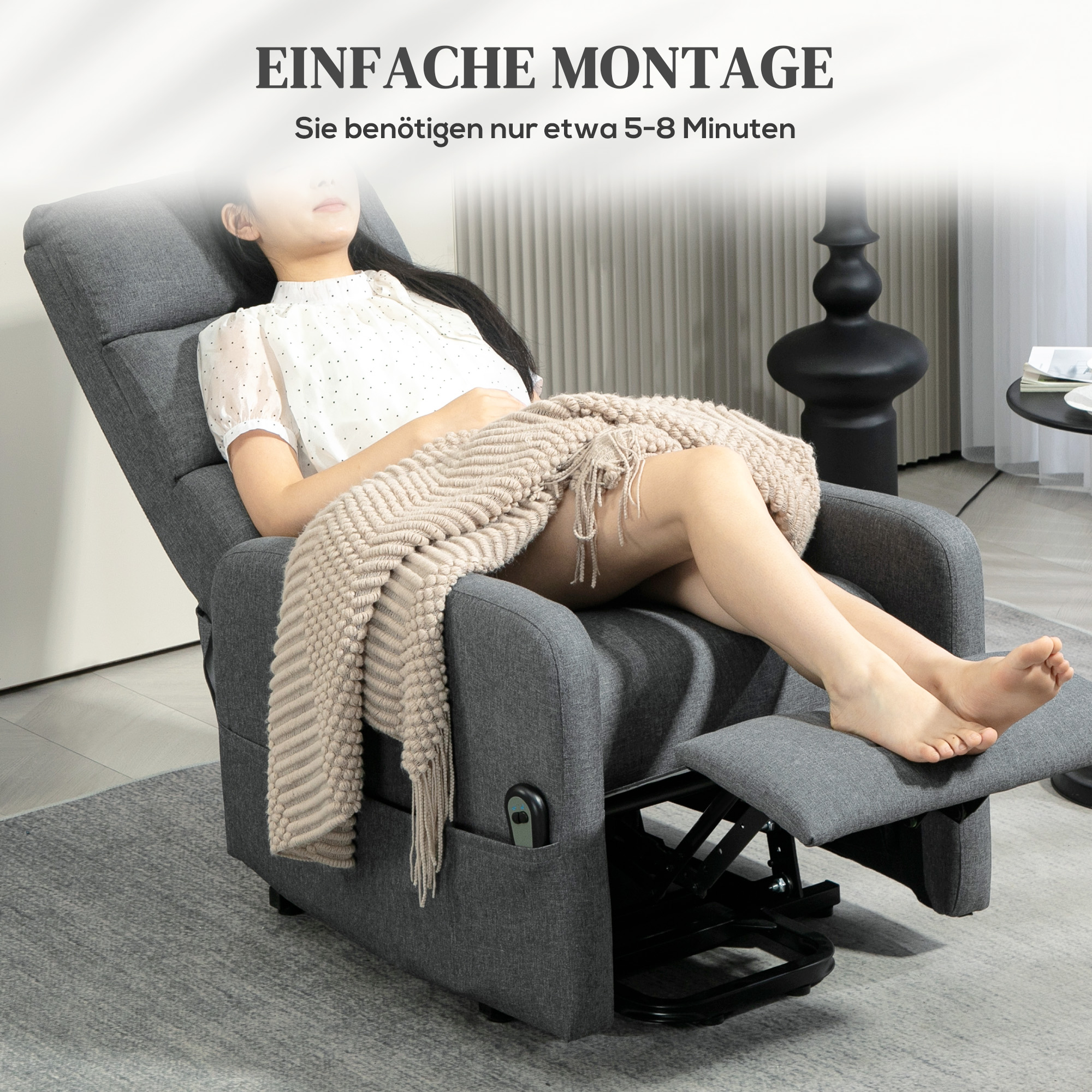 elektrischer Relaxsessel mit Aufstehhilfe, Fernbedienung, weicher Schaumstoff, Seitentasche, Bezug in Leinenoptik, Grau