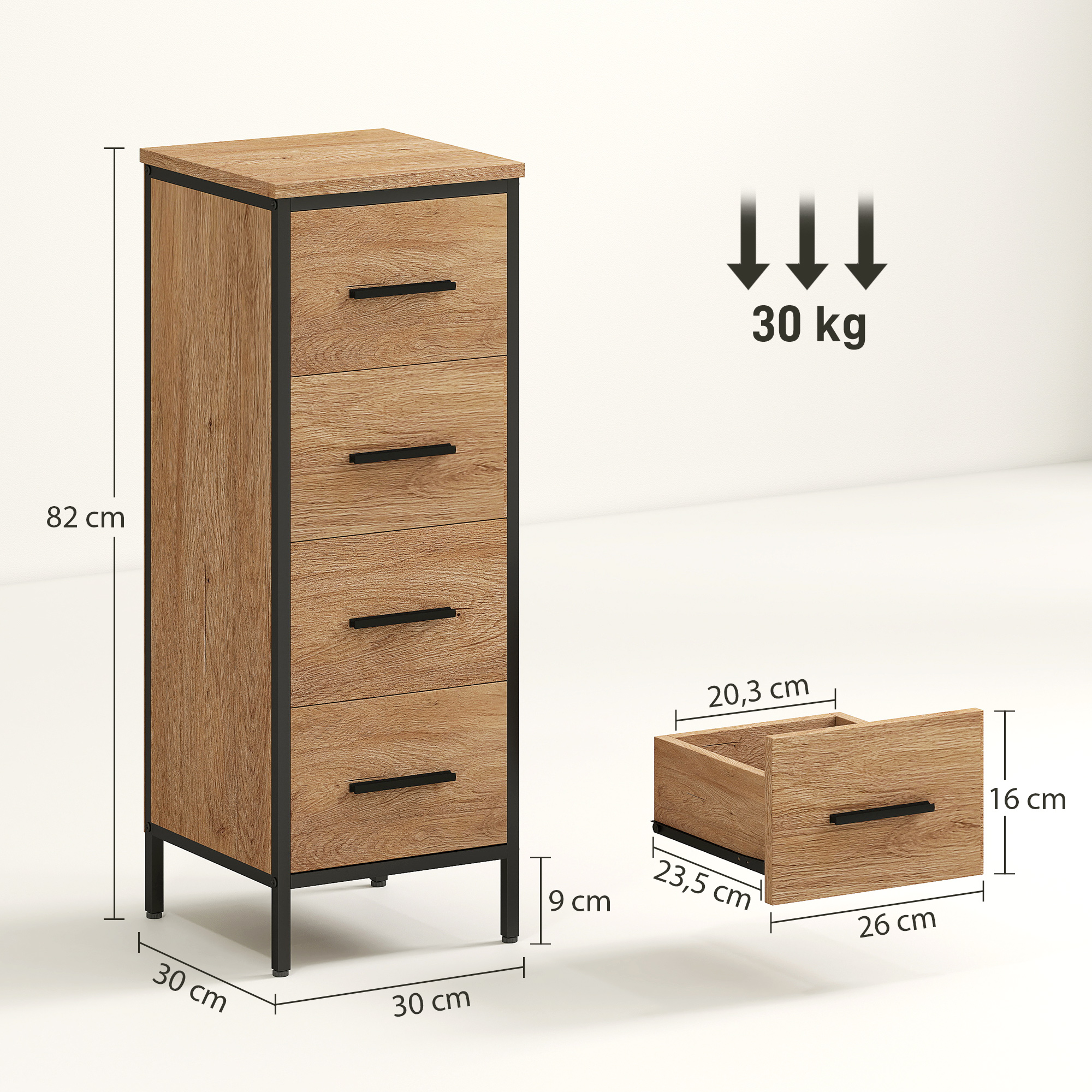 Badezimmerschrank, 4 Schubladen, kompakt, Industrie-Stil, Spanplatten, Metall
