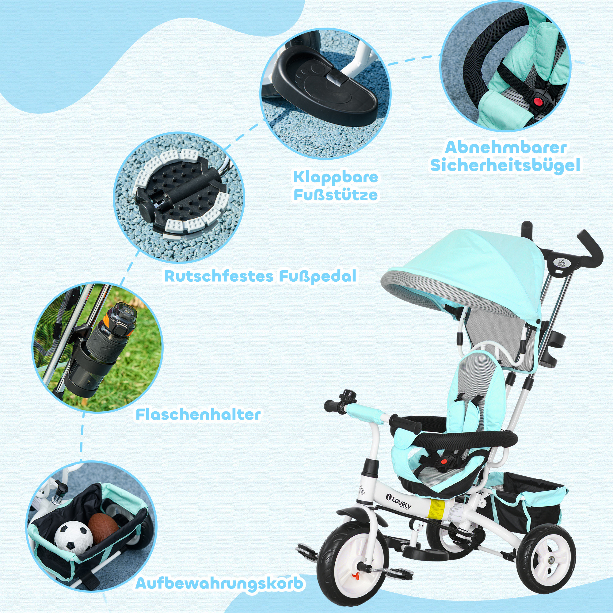 6-in-1 Kinderdreirad mit Schiebestange, Dach, Gurt, Ablagekorb, für 1-5 Jahre, Grün