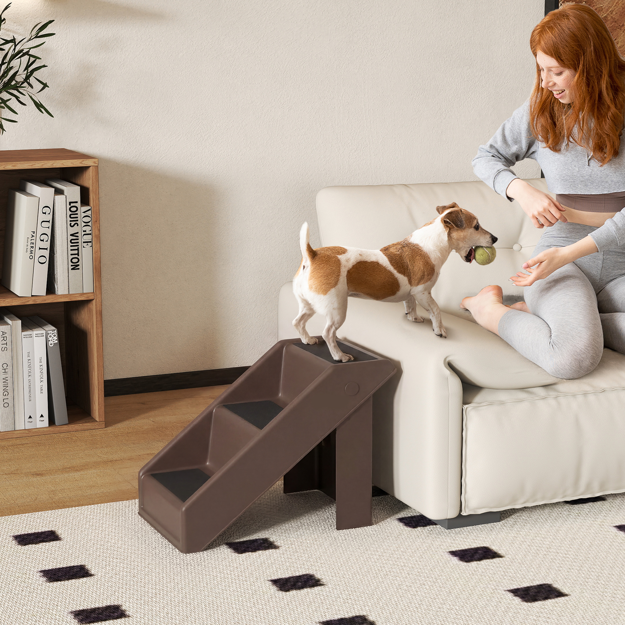 Hundetreppe 3 Stufen 36,5 cm Hoch Haustiertreppe für Kleine Hunde klappbar für Bett, Sofa, Couch Auto Braun