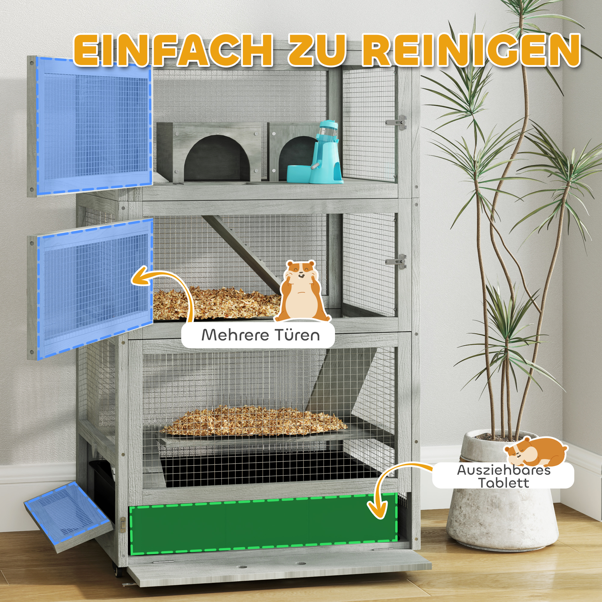 4-stufiger Hamsterkäfig aus Holz, mit Hütten, Wippe, Futterschalen, Rampen, Rollen, 65 x 45 x 109 cm, Grau