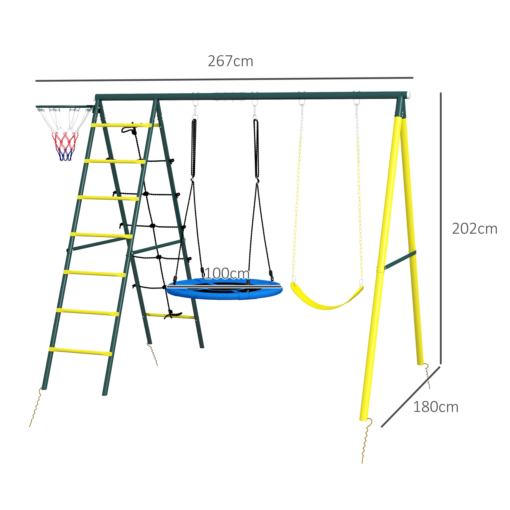 Kinderschaukel-Gerüst mit 2 Schaukeln, Basketballkorb, Kletterleiter, 267x180x202 cm, Gelb