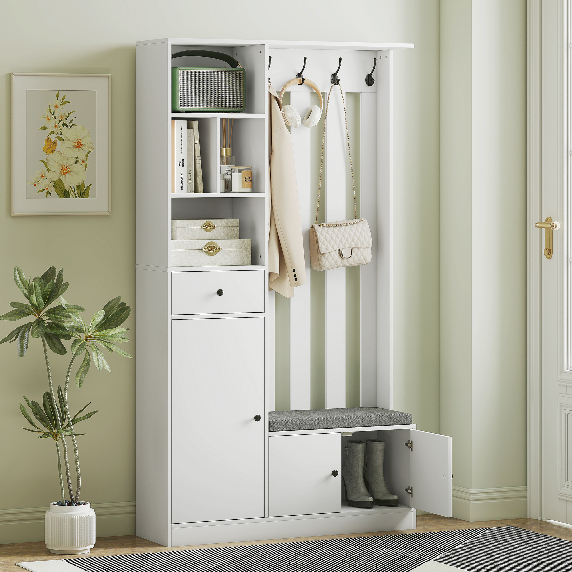 180 cm Garderobenschrank mit Kleiderständer, Schuhbank, 4 Haken, offene Ablageflächen, MDF, Weiß