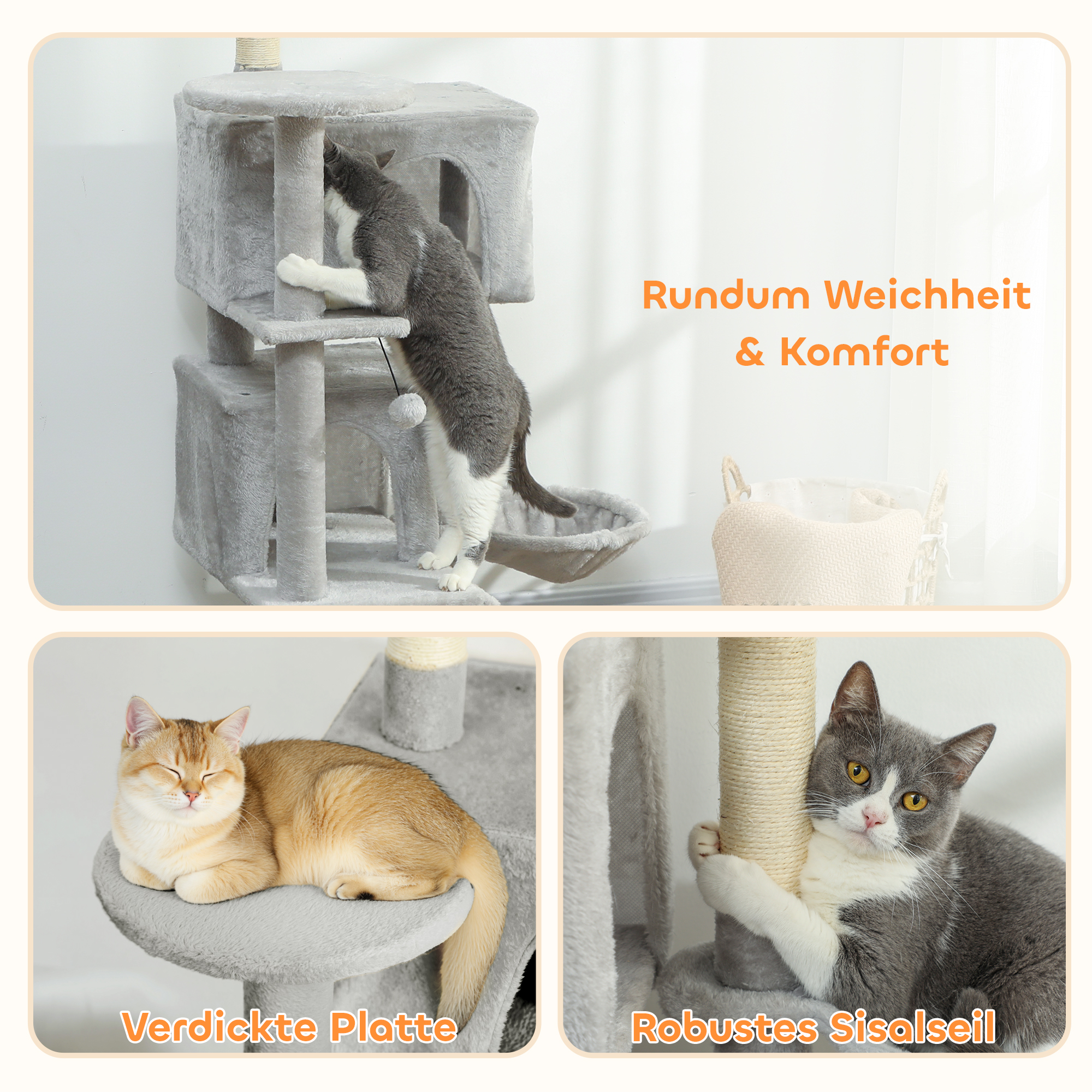 140 cm Katzenkratzbaum, mehrere Ebenen, Sisal-Kratzpfosten, Höhlen, Plüsch-Plattformen, Hängematte, Leiter, Spielbälle
