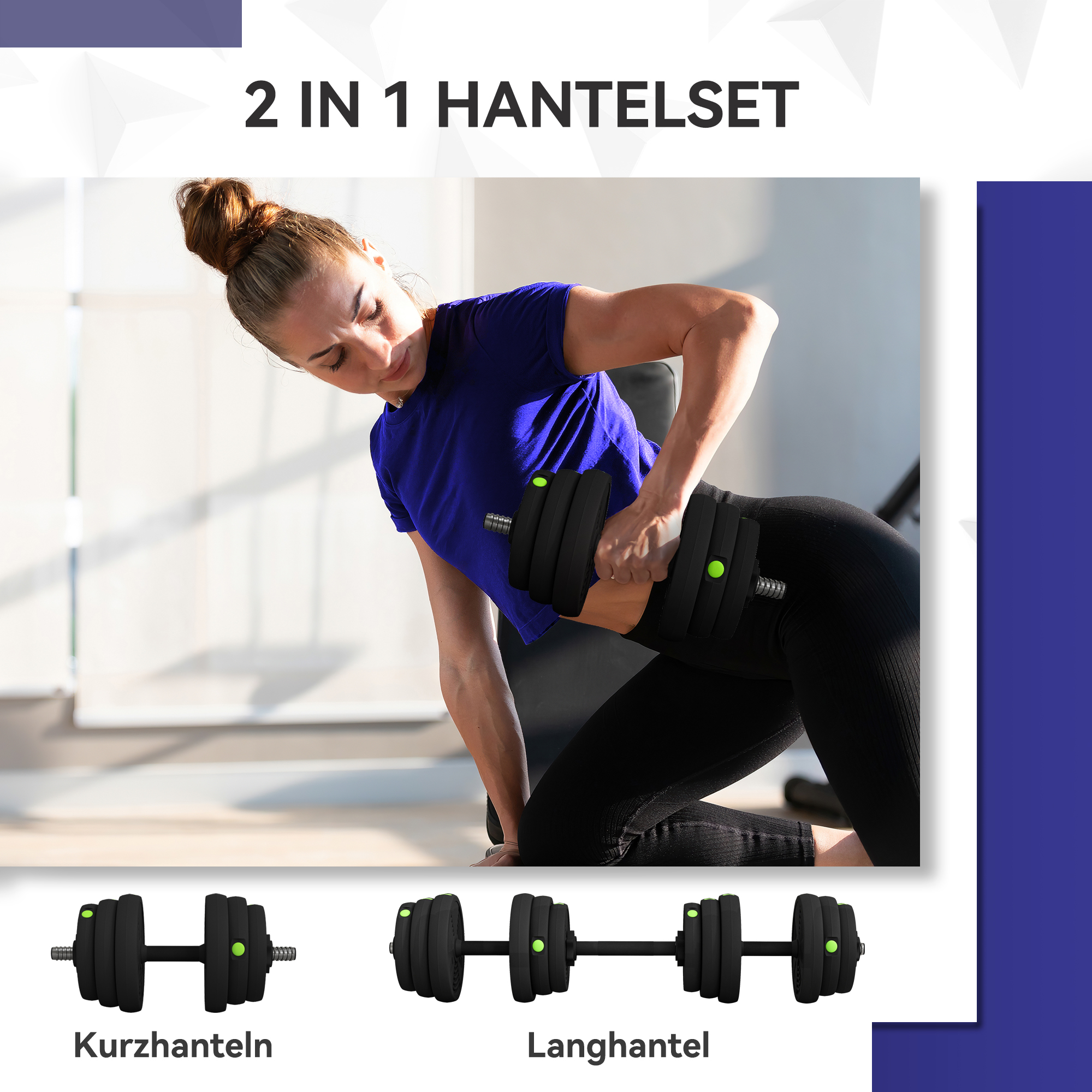 2-in-1 Hantel-Set, Lang- & Kurzhantel, 25 kg, rutschfest, bodenschonend, Schwarz/Grün