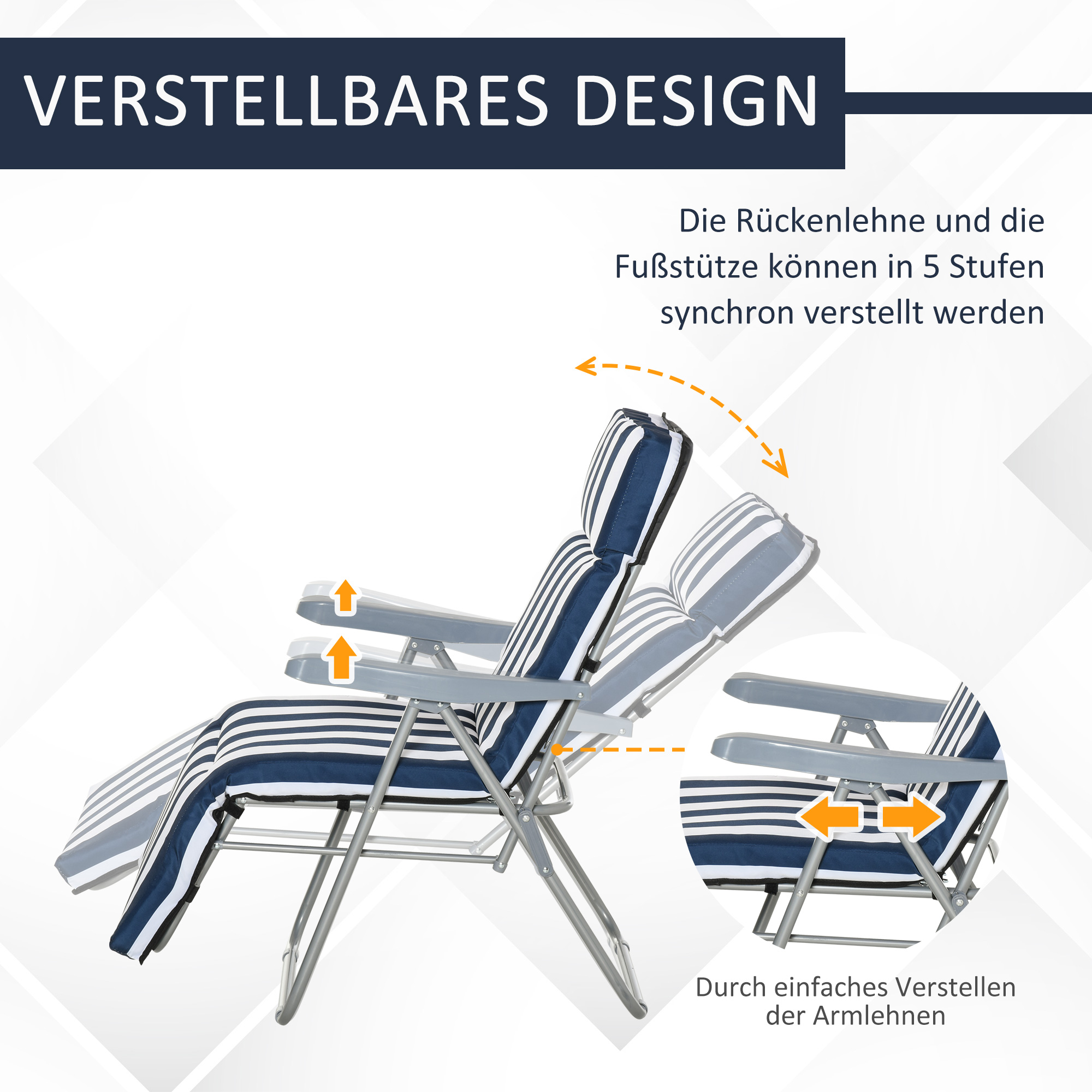 2 x Klappstühle Gartenstuhl Sonnenliege Armlehne klappbar 5 Positionen Auflage Blau 60 x 75 x 102 cm
