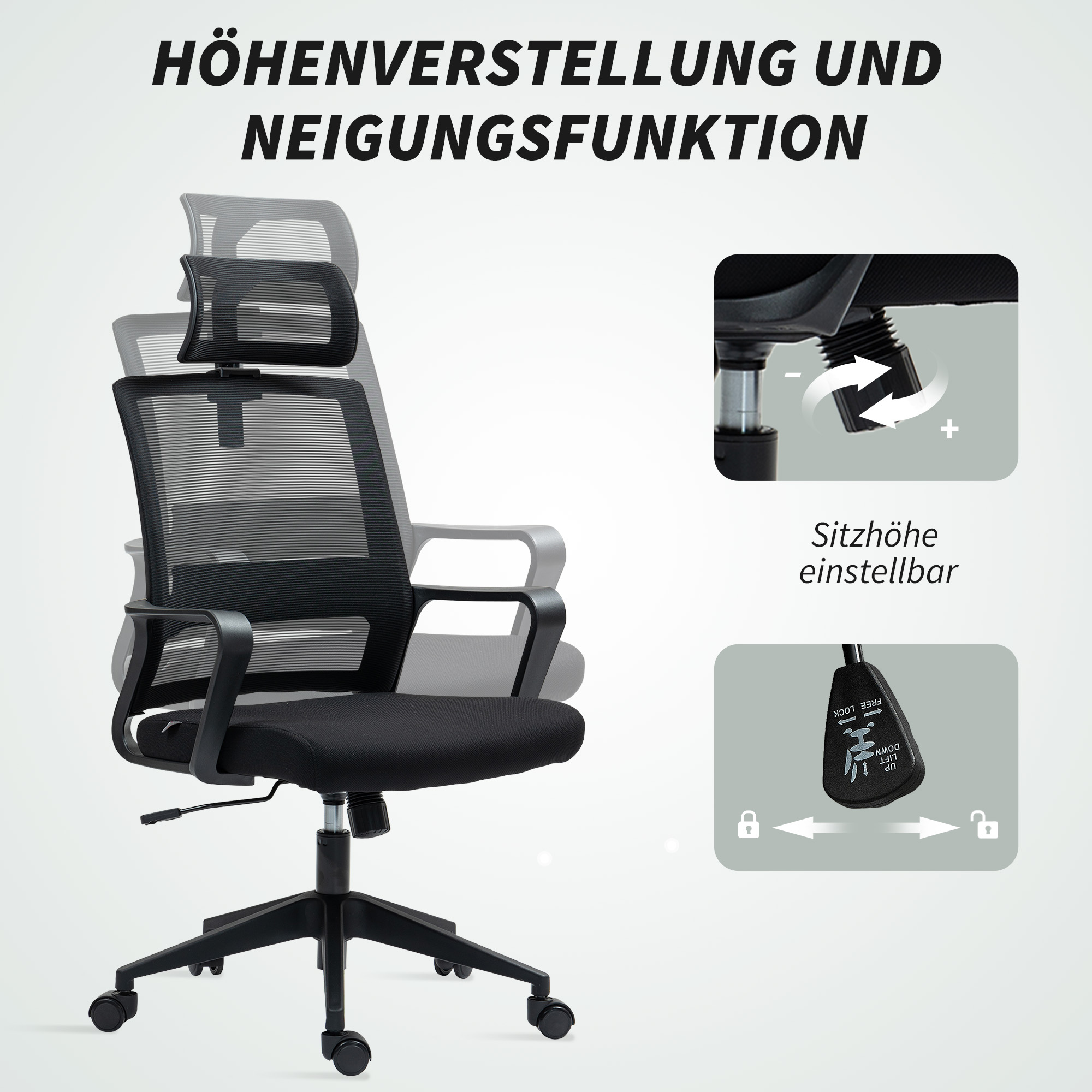 Bürostuhl, Verstellbarer Schreibtischstuhl mit Kopfstütze, Drehstuhl für Homeoffice, Büro, Schwarz