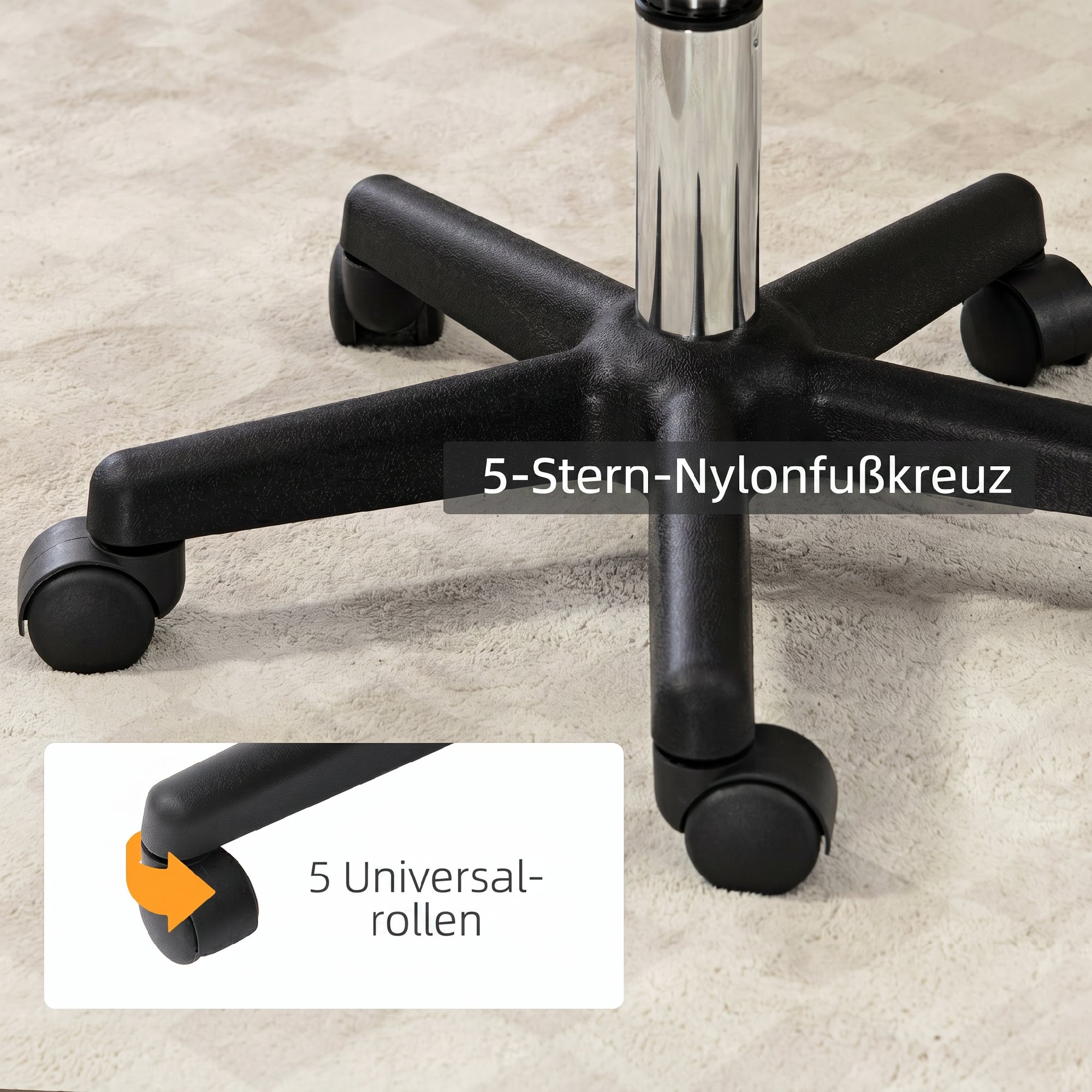 Rollhocker höhenverstellbar mit Rückenlehne 72-84 cm Hoch 360° Drehbar Arbeitshocker für Büro Salon Hellbraun