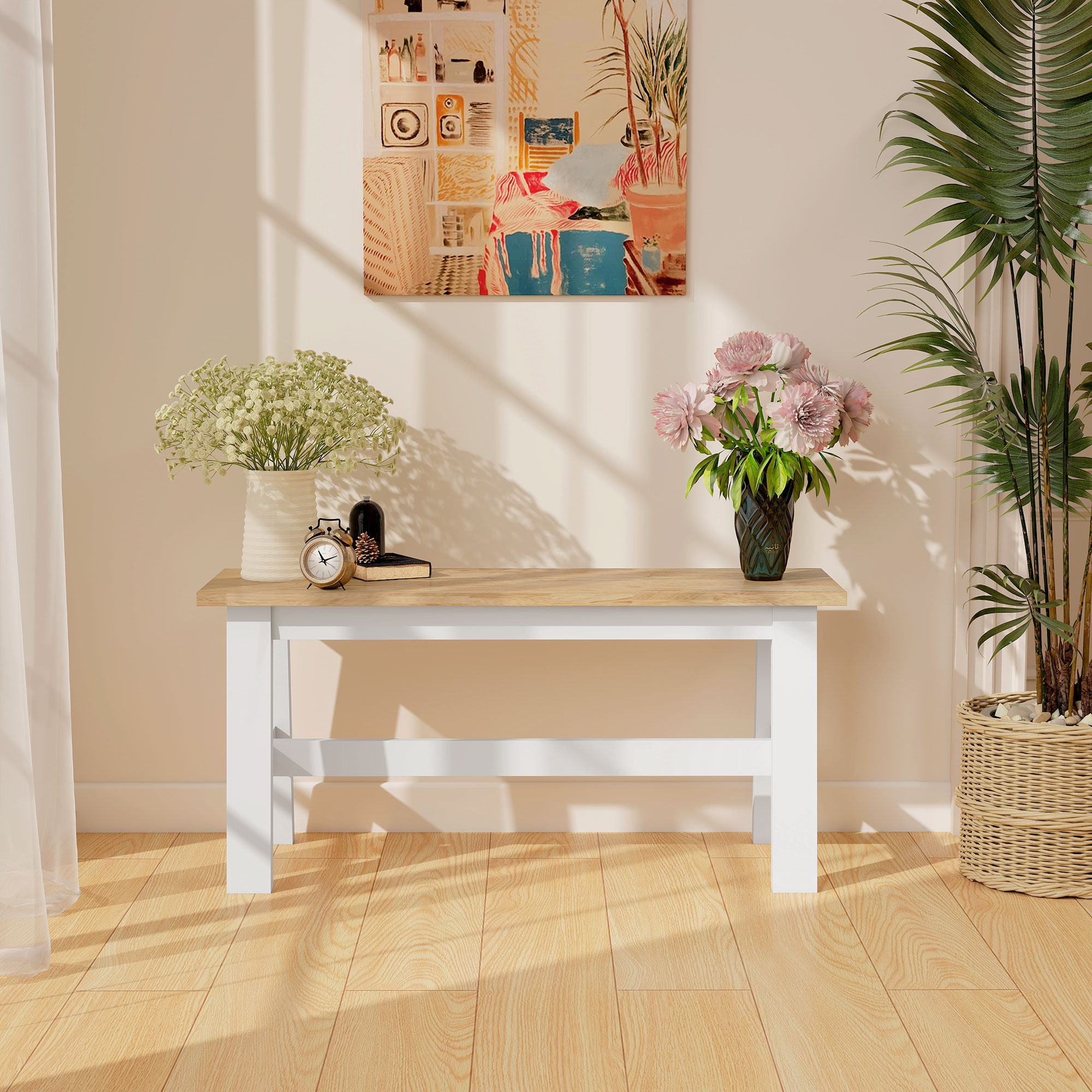 Sitzbank für 2, Holzbank in Eichenoptik, stabilisierende Querstange, für Wohnzimmer, Esszimmer, Flur, Kautschukholz, Weiß