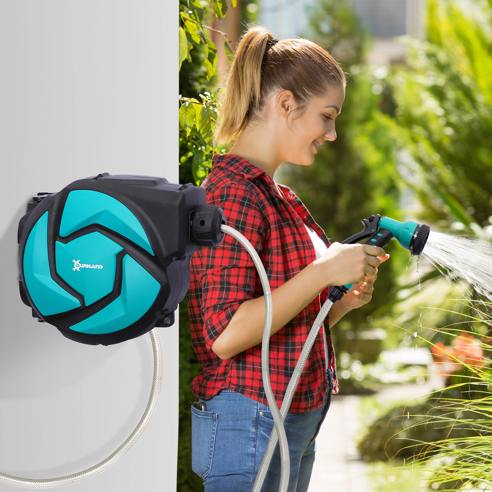 Schlauchtrommel mit Gartenschlauch 10 m Wasserschlauchaufroller mit automatische Aufrollung Wandschlauchbox 180° schwenkbar mit Multibrause Frostschutz -5-45 °C Grün + Schwarz