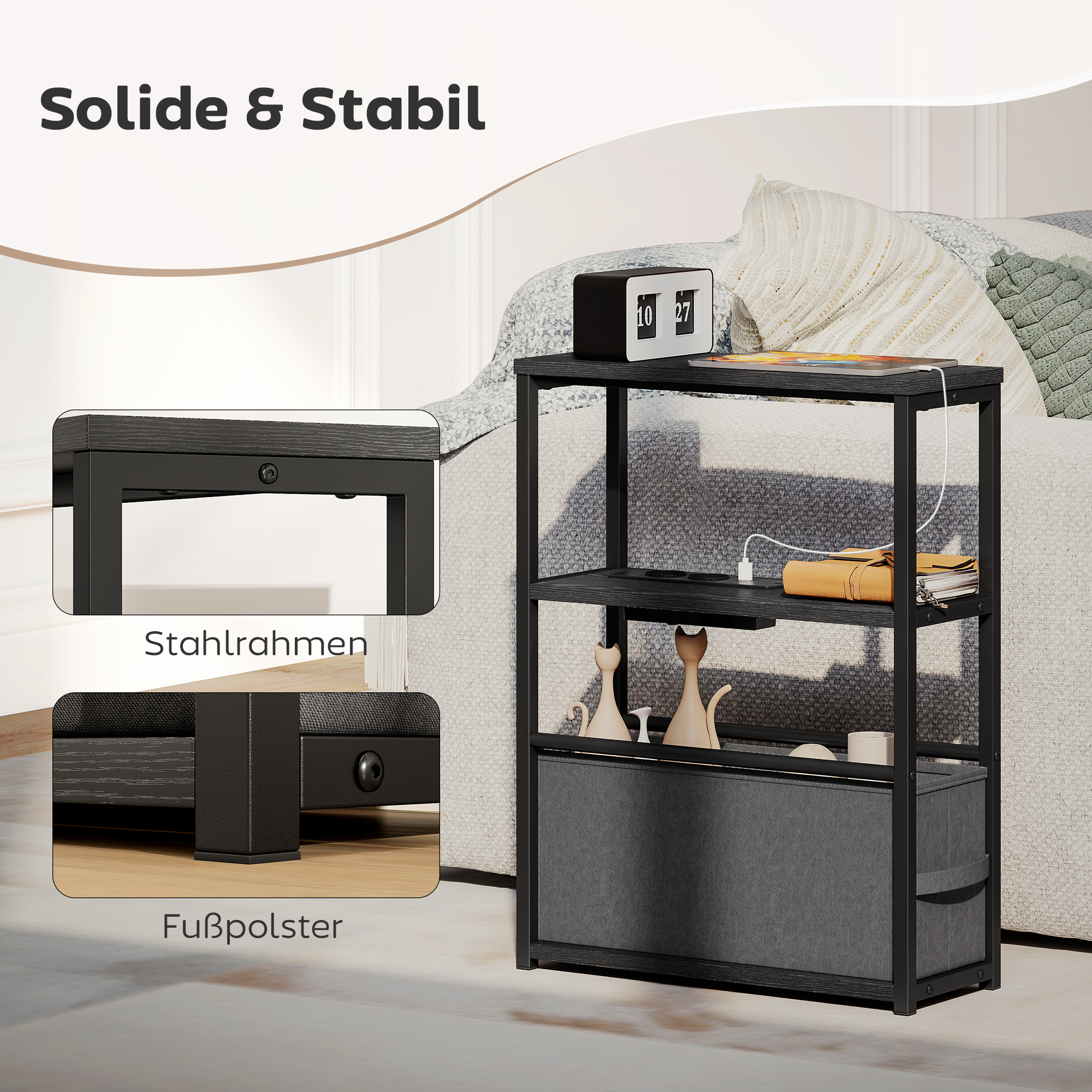 Beistelltisch Sofatisch mit Steckdosenleiste, Ablage, für Kleine Räume, 45x18x60,2cm, Schwarz
