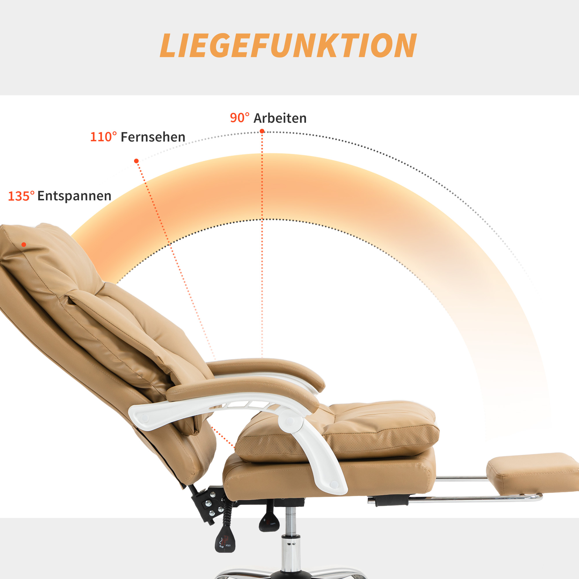 Bürostuhl Ergonomischer Schreibtischstuhl mit Lendenwirbelstütze, Klappbar Armlehne, Fußstütze Hellbraun