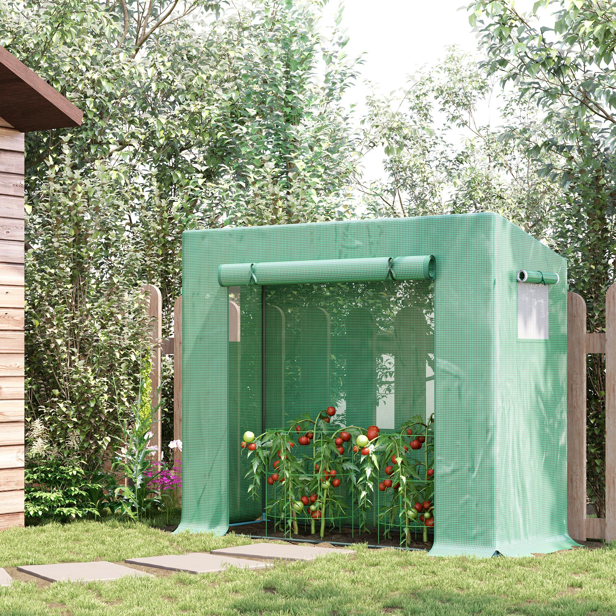 Foliengewächshaus, Treibhaus mit Rolltür, Seitenfenster, für Garten, aus Stahl, Kunststoff, 200 x 76 x 168 cm, Grün