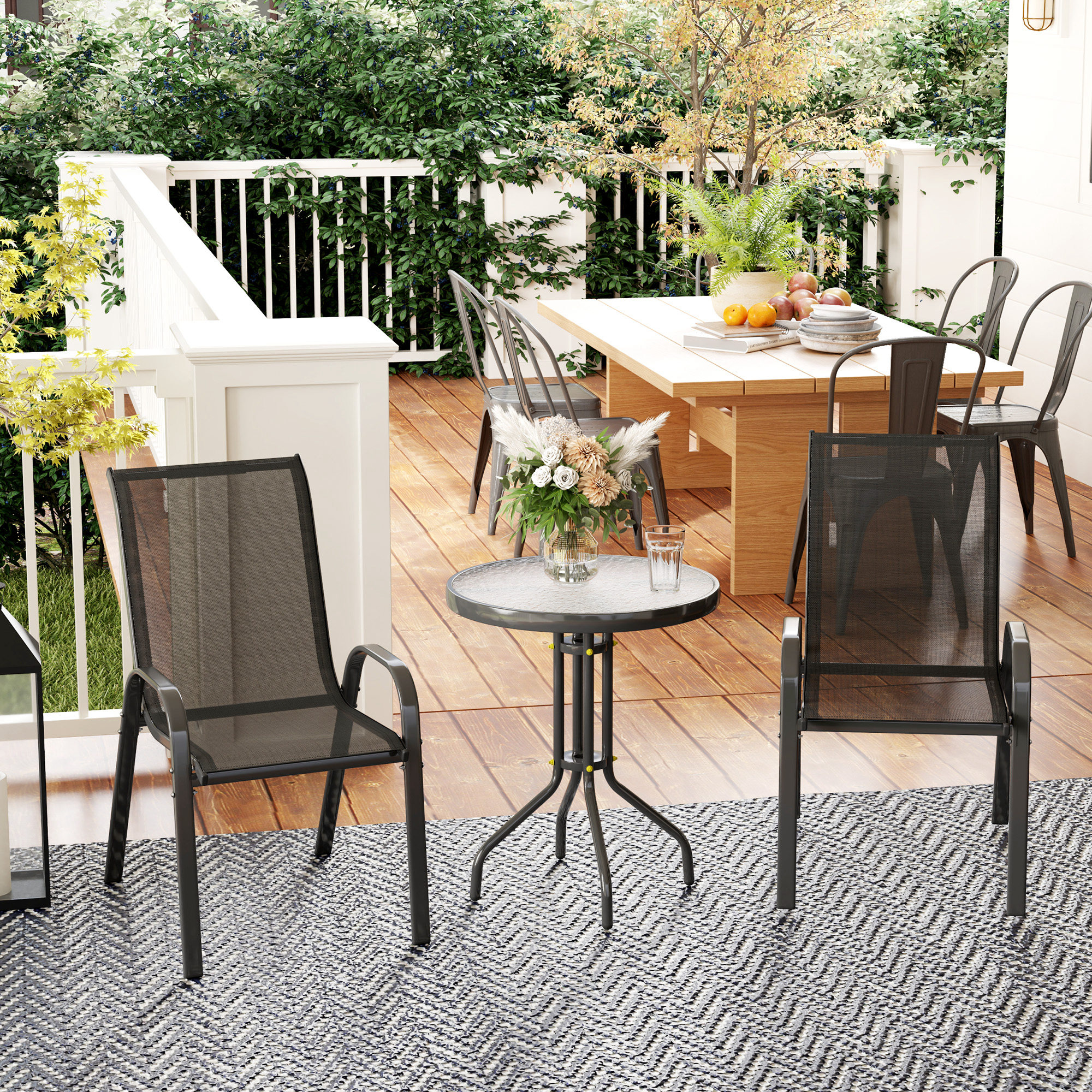 Bistro-Set 3-teilig Wetterfest Gartenmöbel Set mit Glastisch Stapelbare Gartenstühlen Schwarz