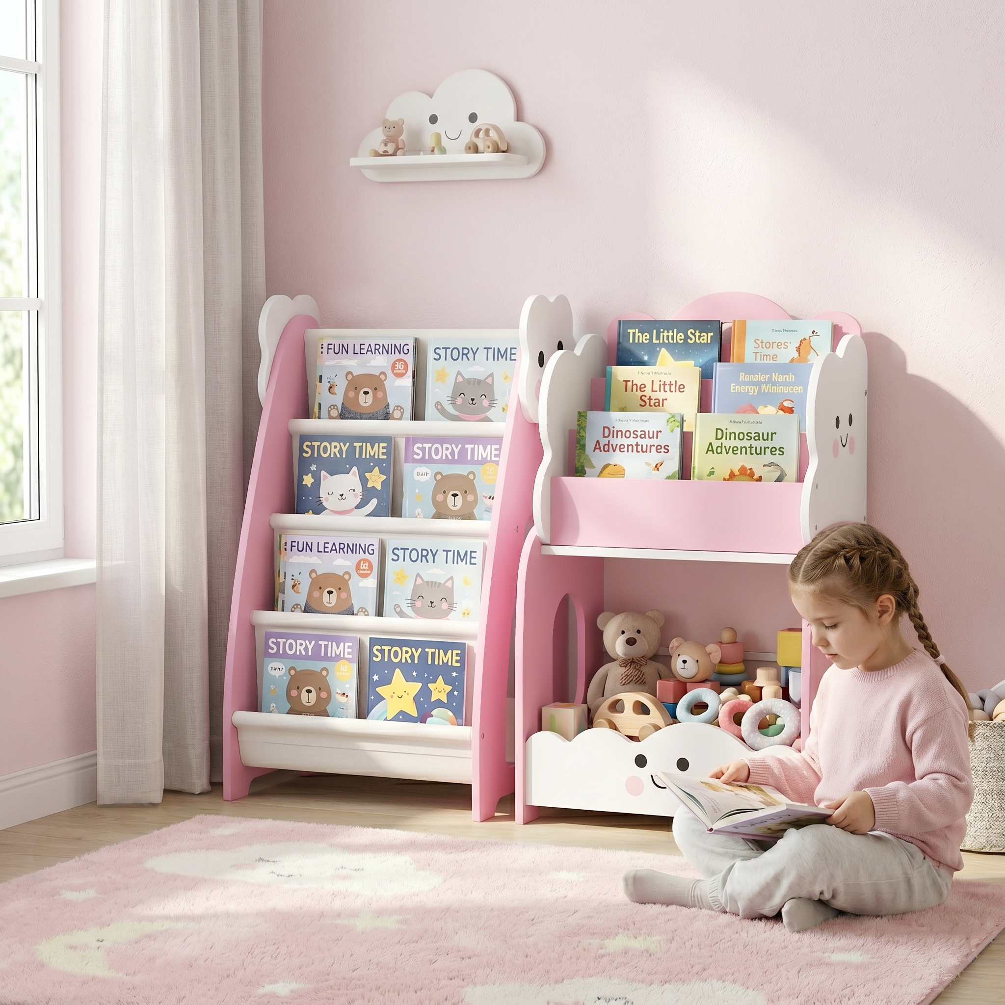 3-in-1 Kinderregal mit Spielzeugaufbewahrung, Modularer Bücherregal mit 4 Taschen & 3 Ebenen sowie Nachttisch, Rosa