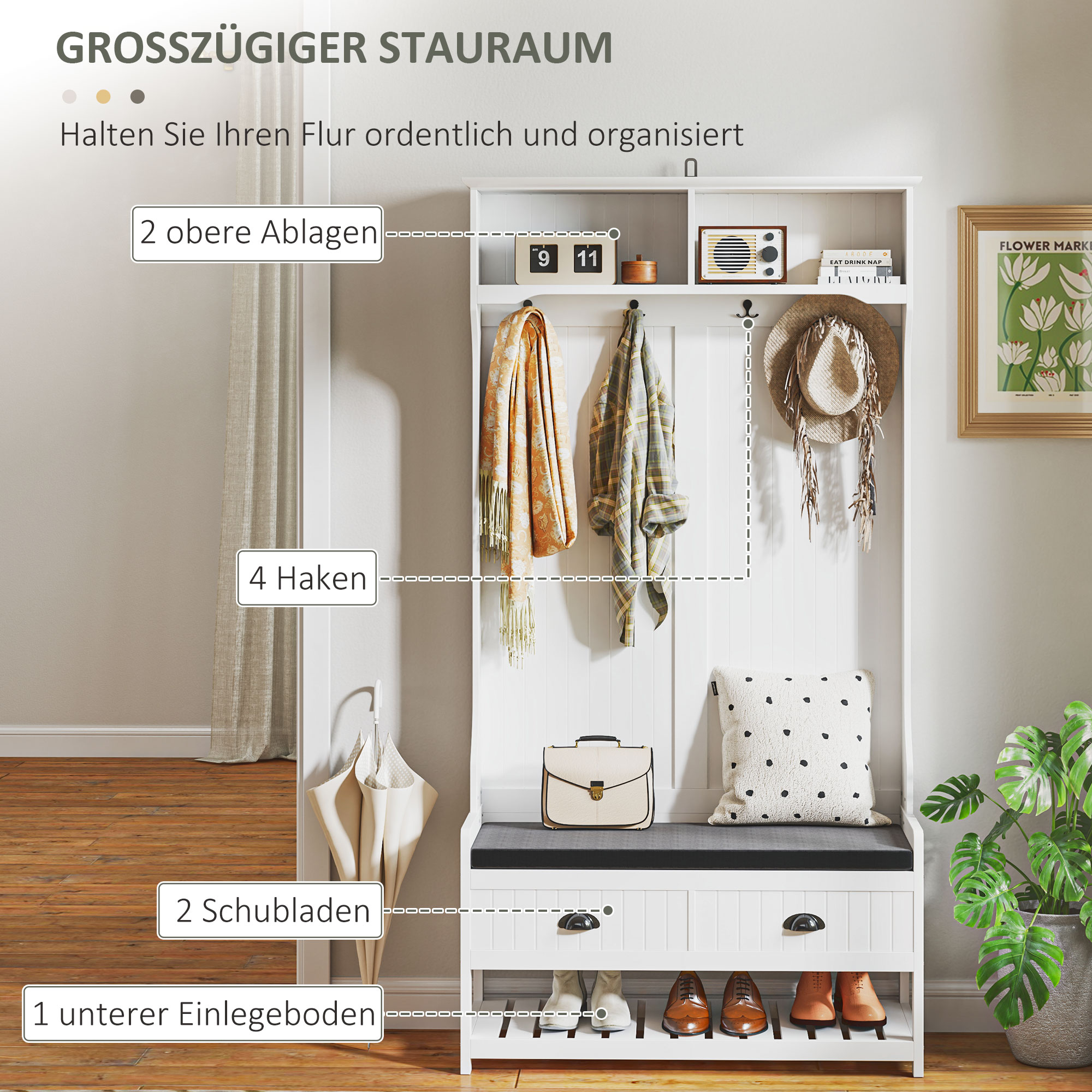 Garderobenständer mit Haken, Garderobe mit Schuhbank, für Eingangsbereich, Flur, Metall, MDF, Weiß+Grau