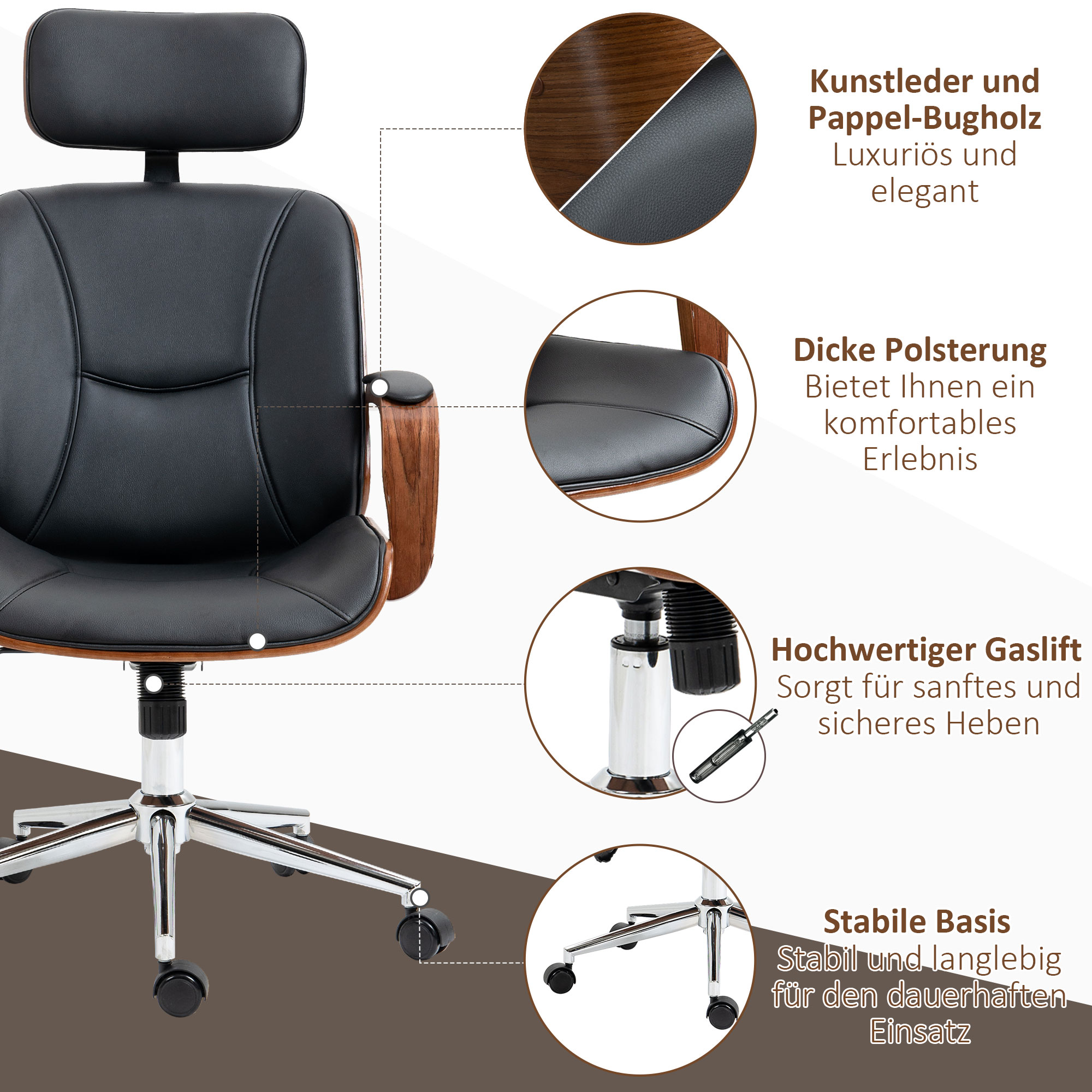 Bürostuhl Ergonomischer Schreibtischstuhl mit Hoher Rückenlehne, Abnehmbarer Kopfstütze für Home-Office Schwarz