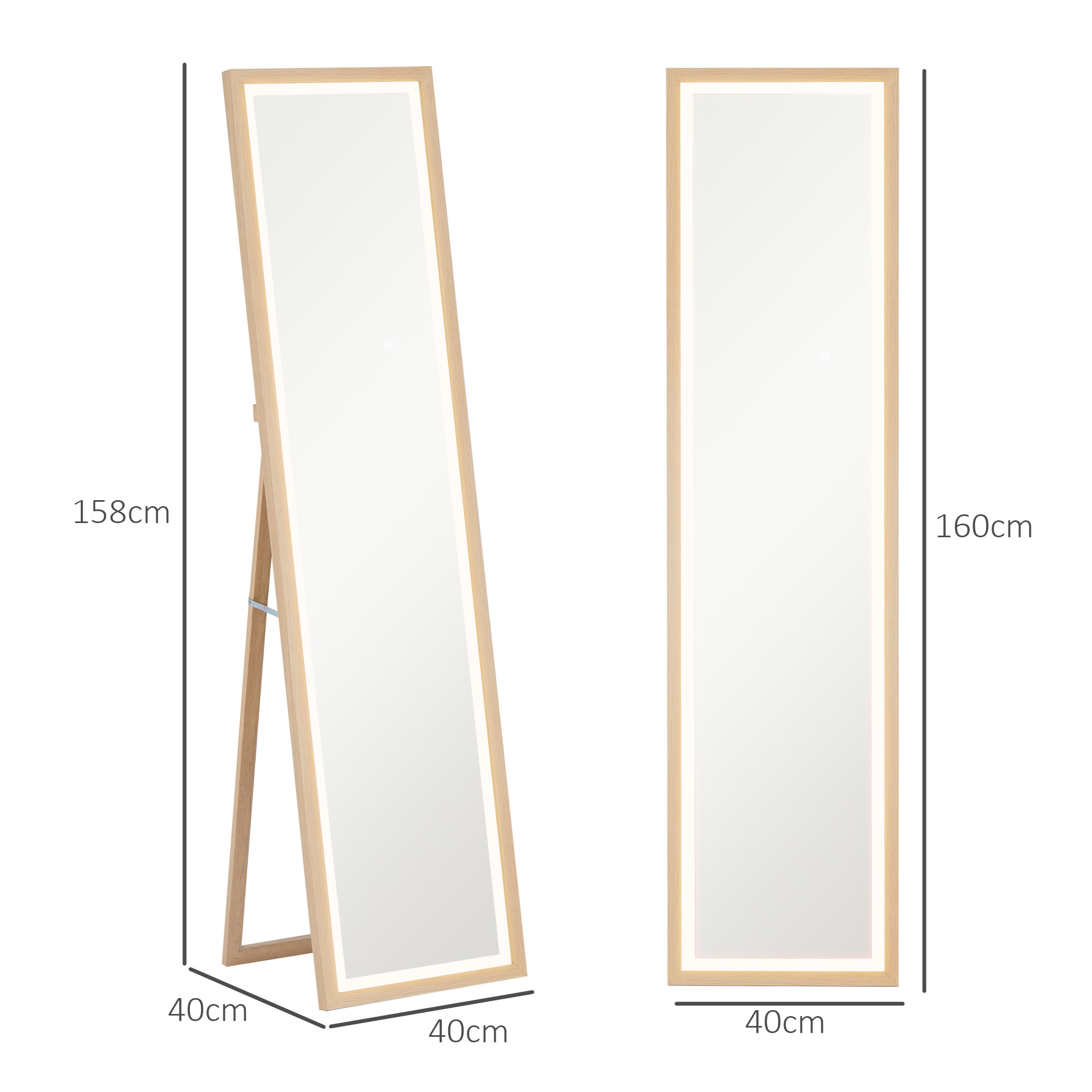 LED Ganzkörperspiegel, 40 x 160 cm, Touch-Steuerung, dimmbar, 3 Farben,  Eiche