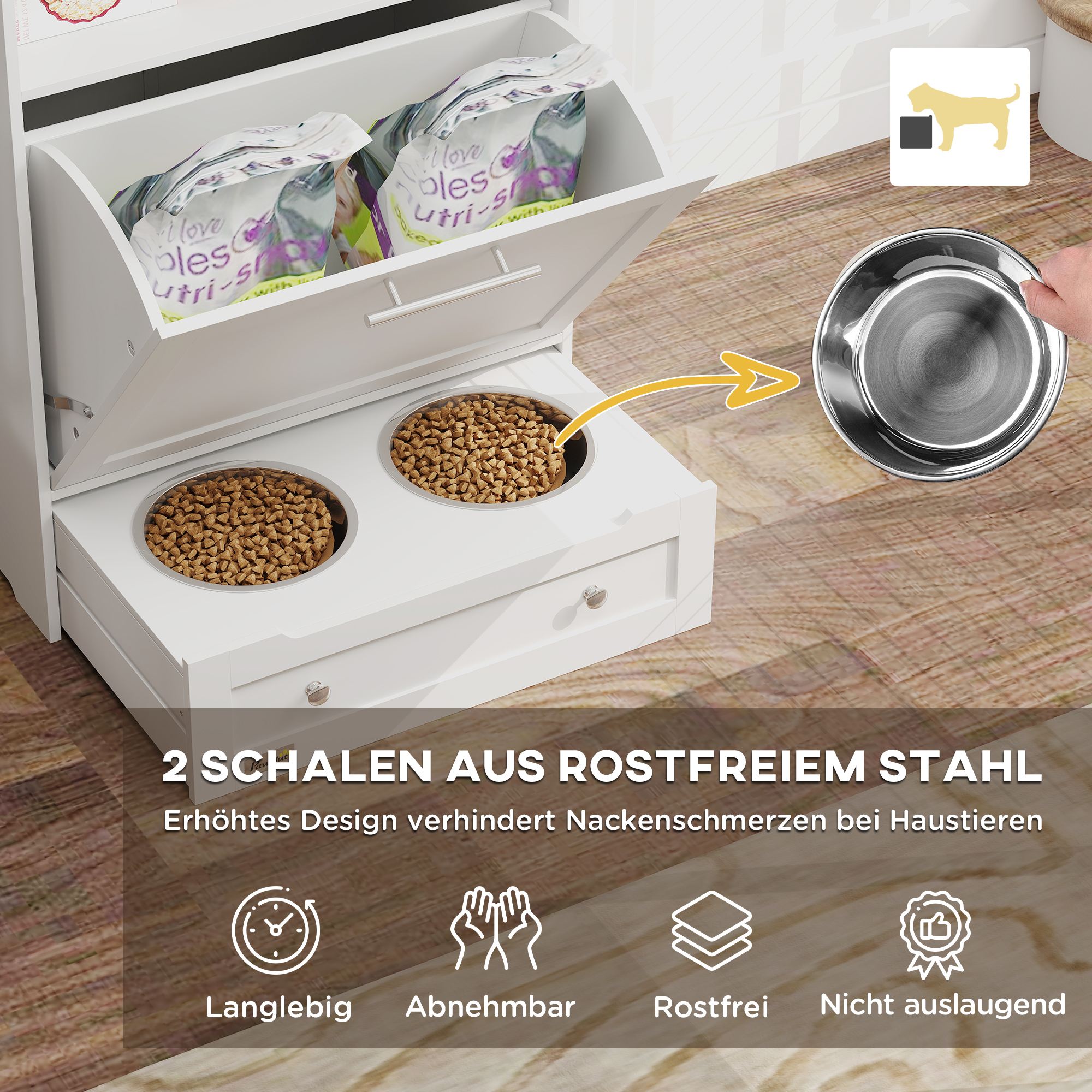 Futterstation für Haustiere, Aufbewahrungsschrank für Haustierbedarf, mit Futterschüsseln, Haken für Leinen, MDF, Weiß