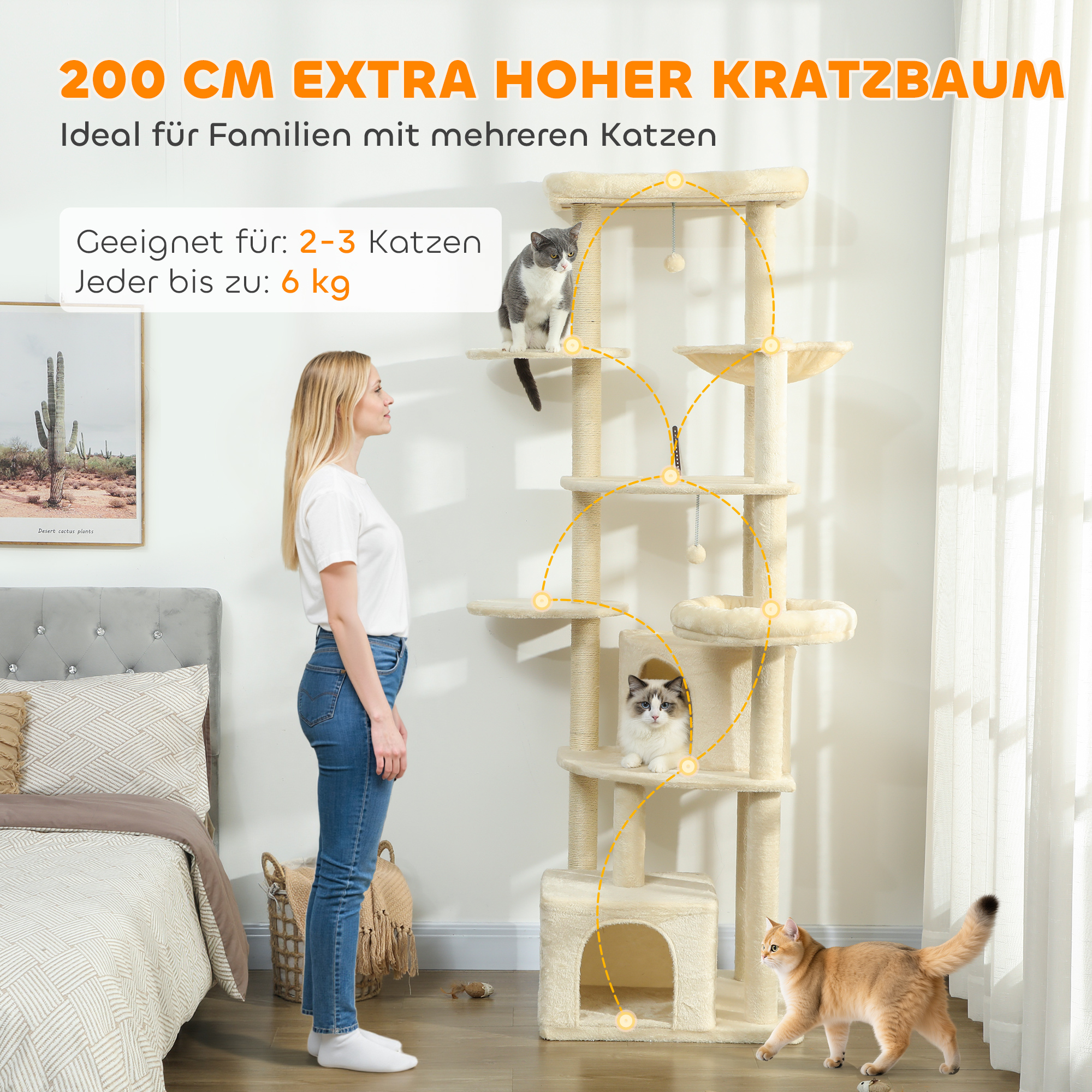 2 Meter hoher Kratzbaum Große für 2-3 Katzen, Kratzpfosten, Höhlen, Hängematte, Verstecke, mehrstöckiges Design, Sisal, Holz, Plüsch, Beige