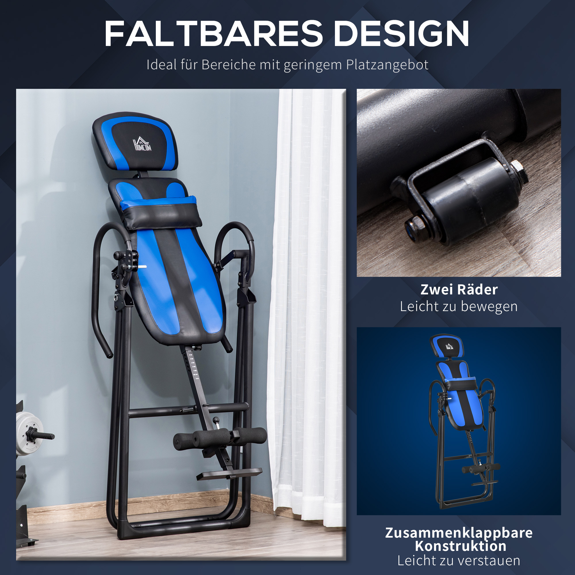 Inversionsbank klappbarer Schwerkrafttrainer mit zwei beweglichen Rädern eingestellt Rückenpolster Metall ABS Schwarz+Blau 132 x 71 x 145 cm