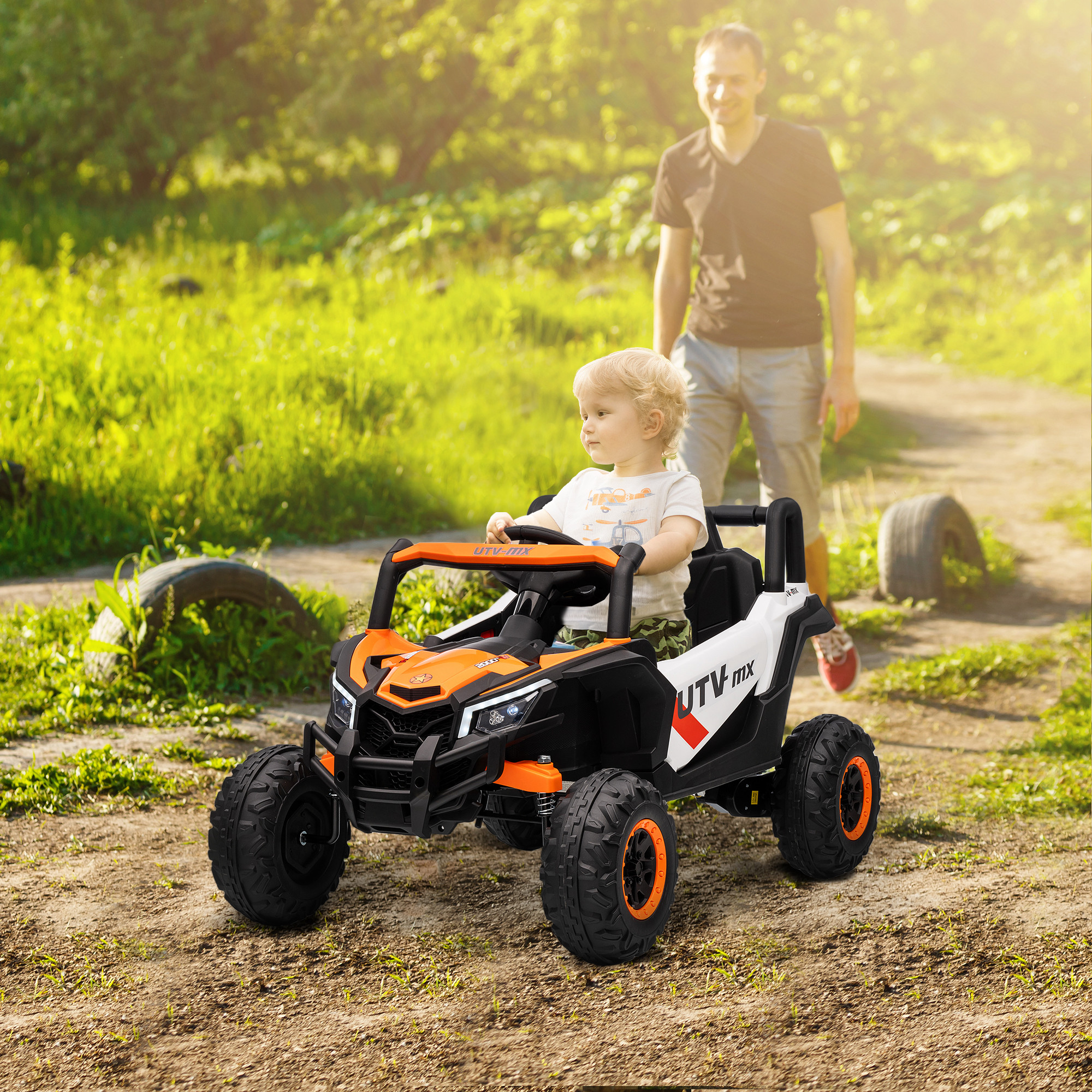 12V Elektroauto für Kinder, Fernbedienungsfunktion, Gurt, Hupe, LED-Lichter, USB-Port, für 3-5 Jahre, Orange