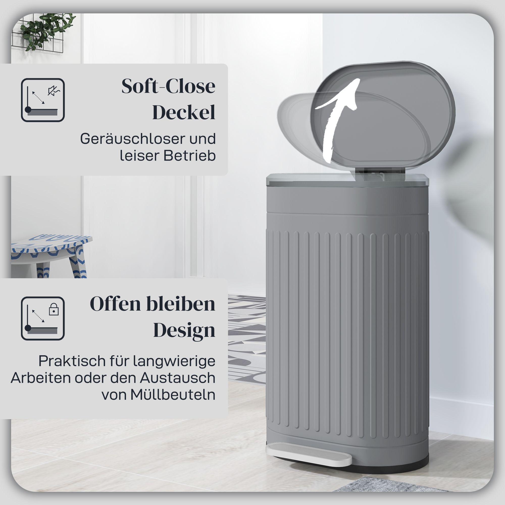 Mülleimer 30L Treteimer mit Deckel Fußpedal herausnehmbarem Inneneimer Soft-Close-Funktion 36,5 x 31,2 x 60,8 cm, Grau