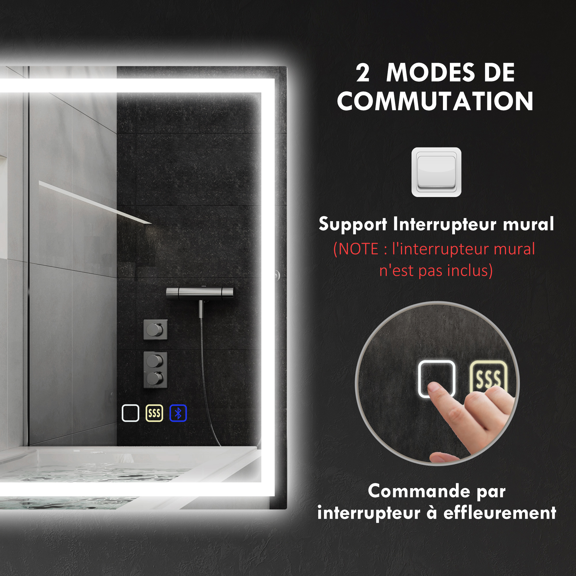 Badezimmerspiegel LED bluetooth 80 x 100 cm Touch-Schalter einstellbare Beleuchtung 3 Farben Anti-Fog Memory Silber