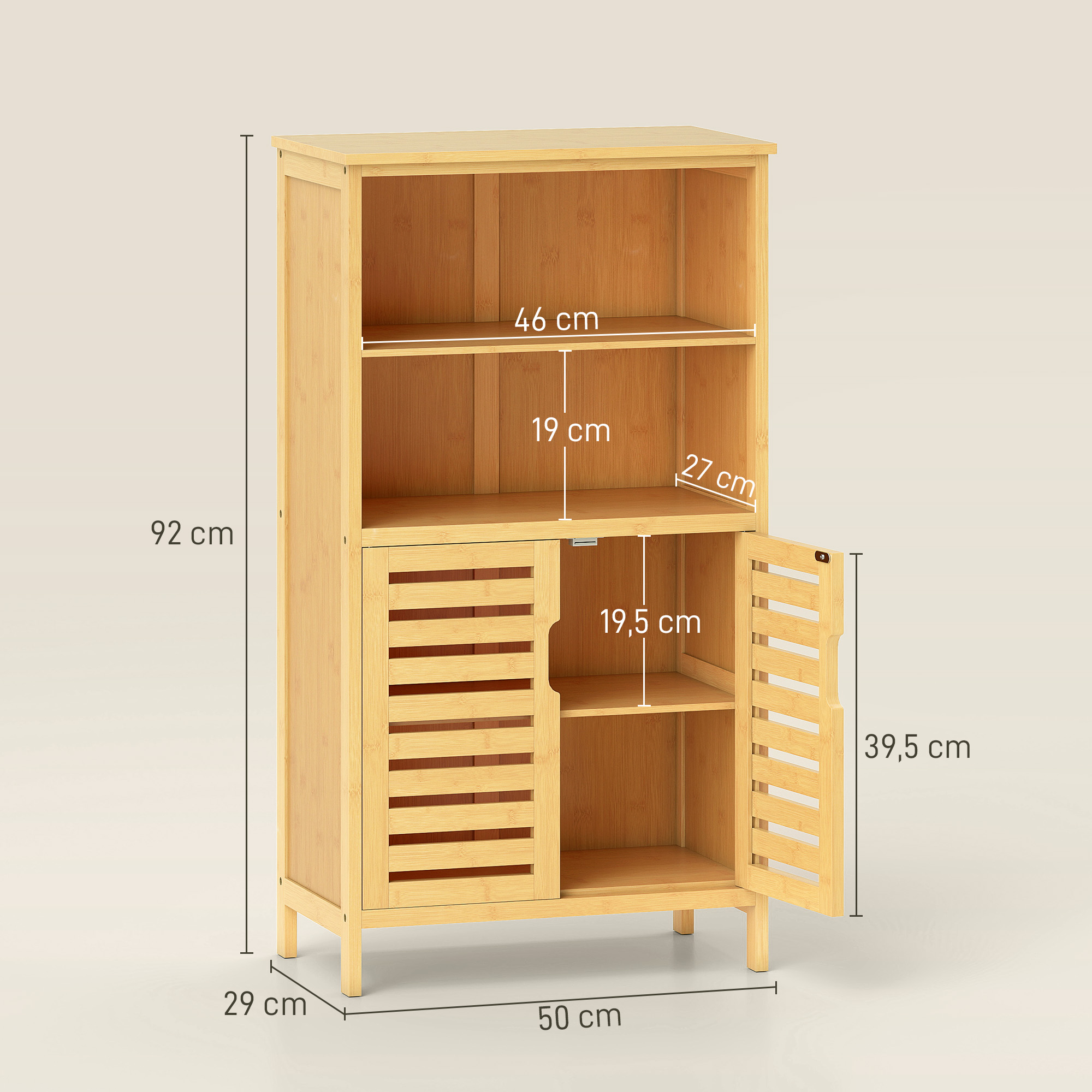 Badezimmerschrank aus Bambus, mit Lamellentüren, 2 Regale, 1 Schrank, 50 cm x 29 cm x 92 cm, Natur