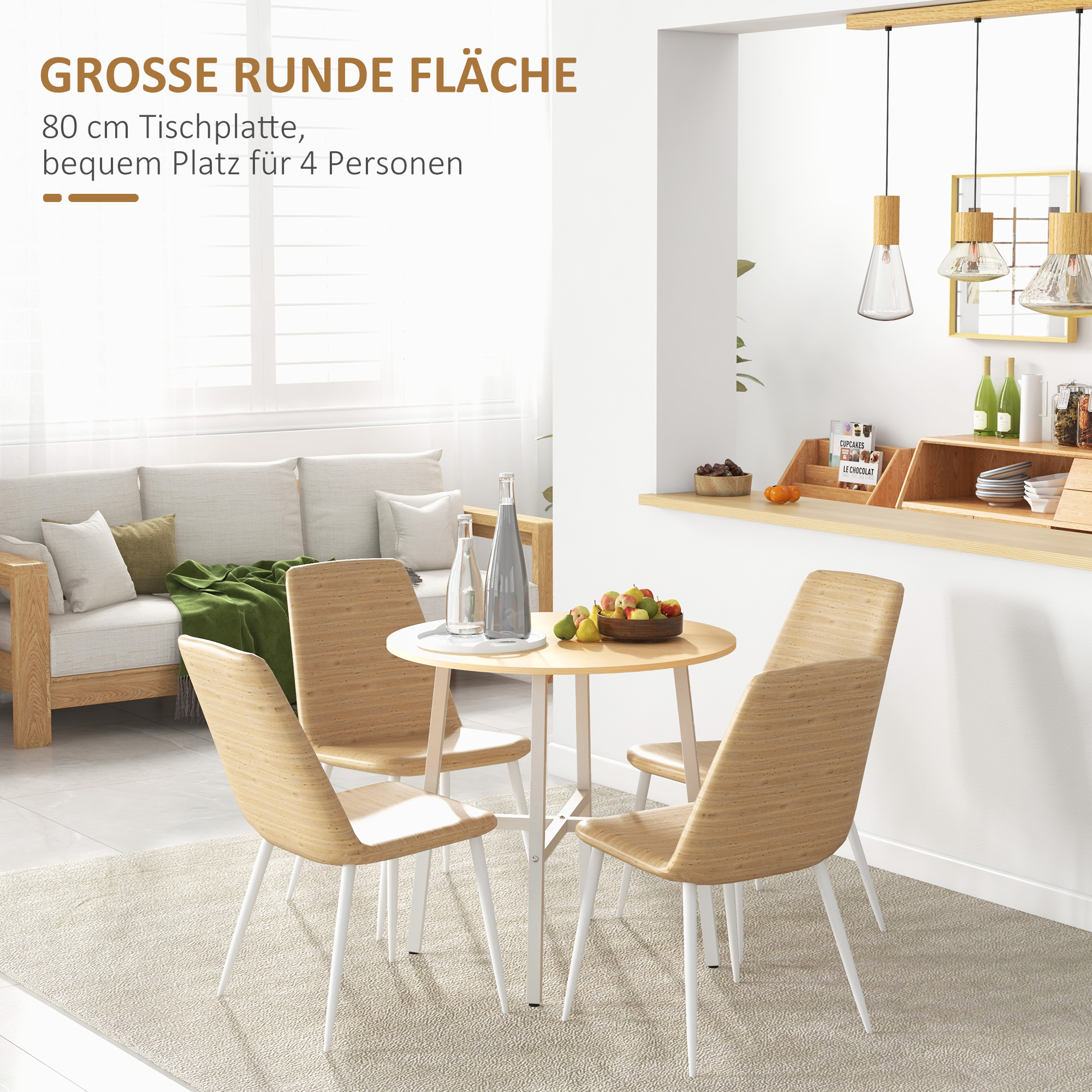 Esstisch, industrieller Stil, abgerundetes Design, stabil bis 60 kg, Ø80 x 76H cm, Naturholz/Weiß