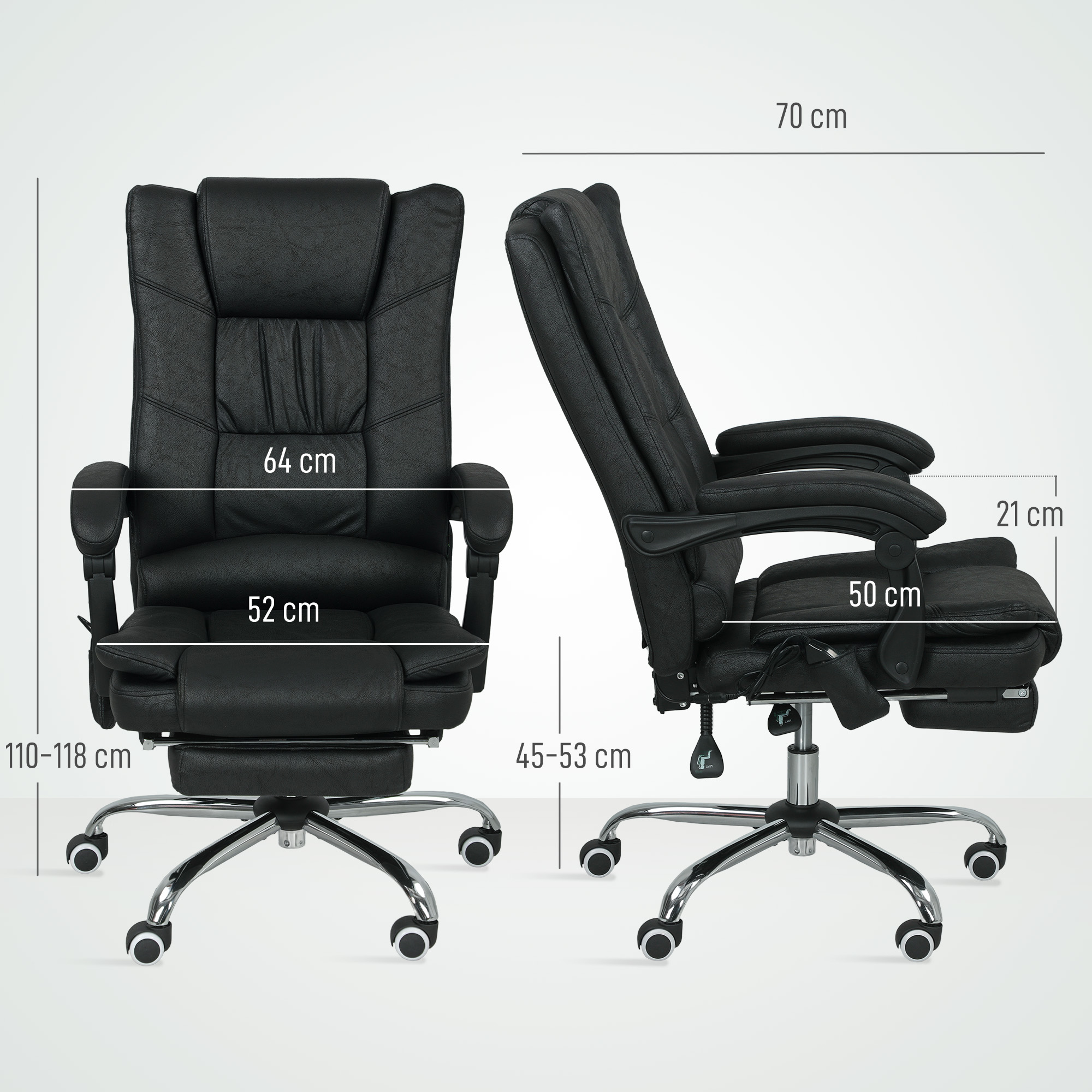 Massagstuhl Bürostuhl mit Massagefunktion, inkl. Fußstütze, höhenverstellbar, 64 cm x 70 cm x 118 cm, Schwarz