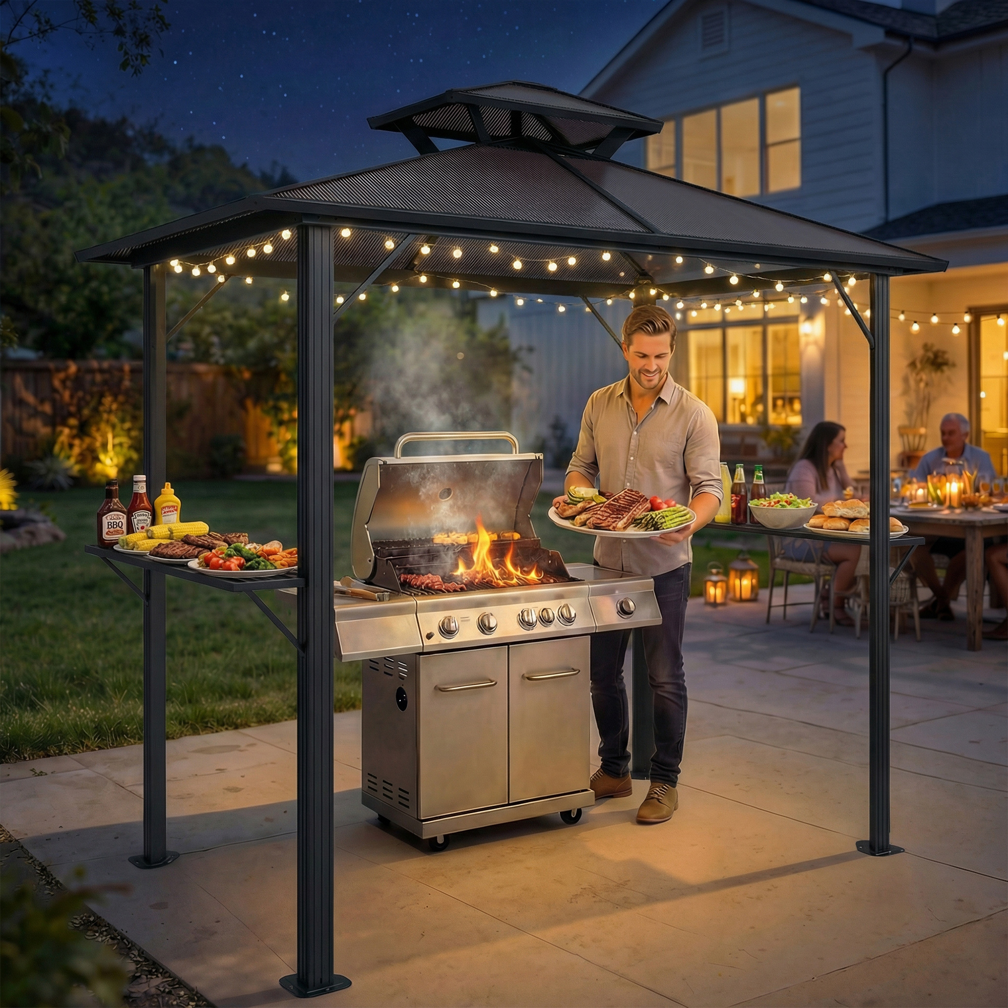 Grillpavillon 2,5 x 1,5 m, Wasserdicht Grillüberdachung mit Doppeldach aus Polycarbonat Seitenablage Braun