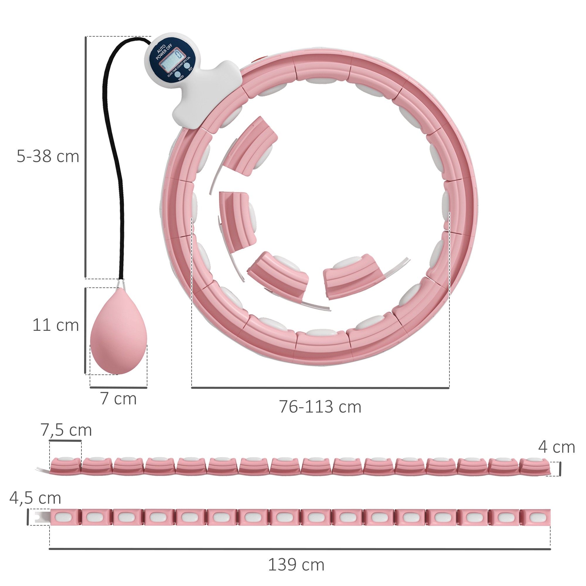 Smart Hula Hoop Reifen Erwachsene mit Gewicht Kugel Zähler 16 Knoten (76-113cm) Rosa