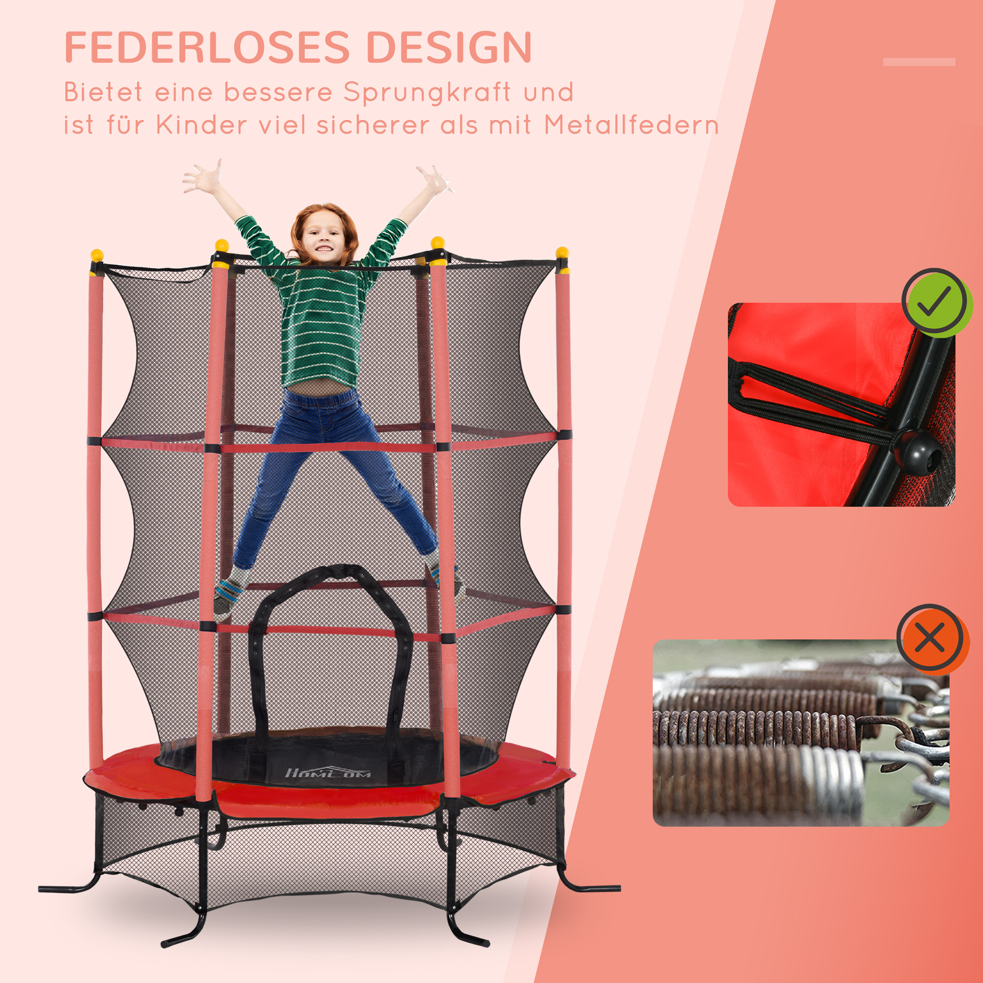 Trampolin für Kinder, Ø163 cm, mit Sicherheitsnetz, für drinnen und draußen, Belastung bis 50 kg, Stahl, Kunststoff, Rot