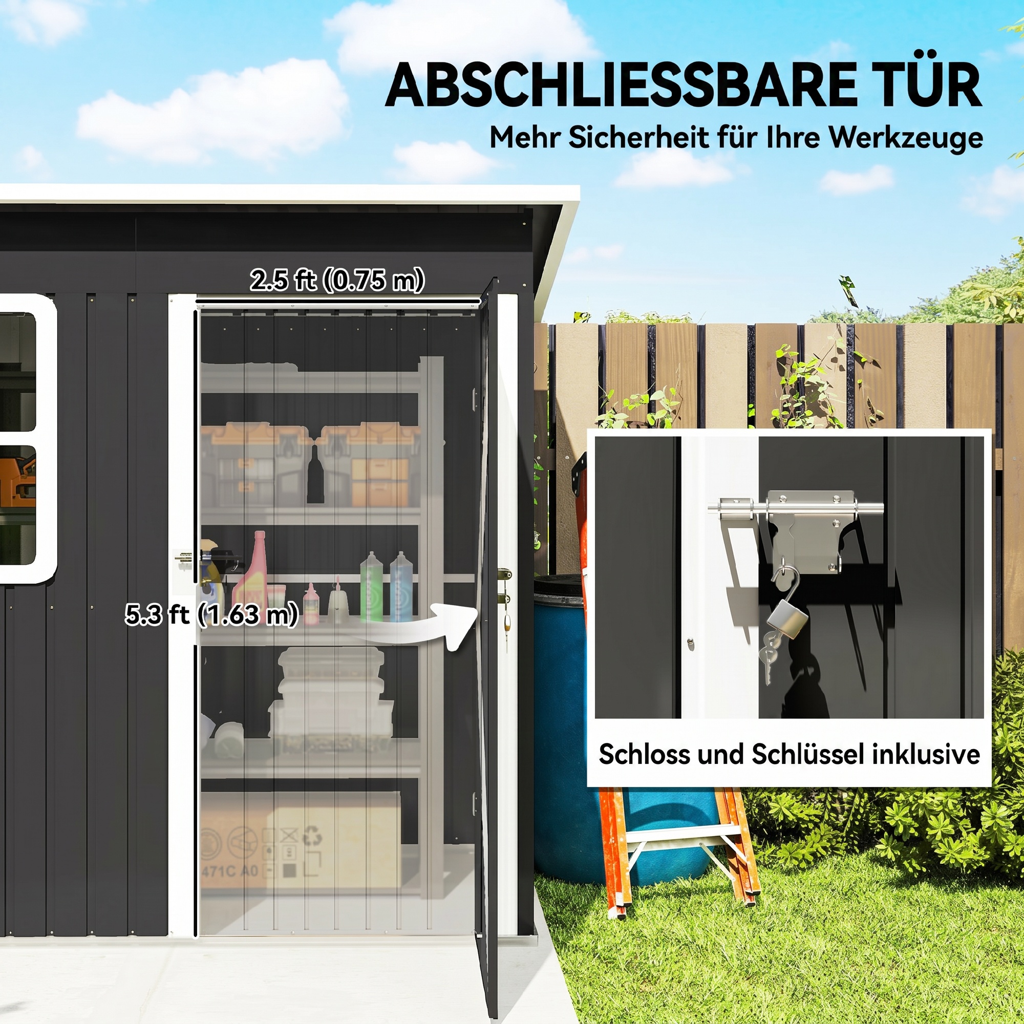 Gartenschuppen, Gartenhaus mit Fenster, verschließbare Tür, für Garten, Terrasse, Stahl, 221L x 133B x 190H cm, Grau