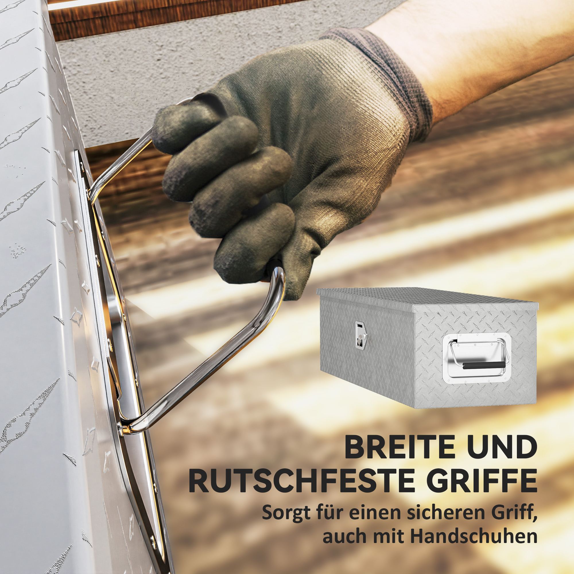 Stabile Aufbewahrungskiste aus Aluminium mit Seitengriffen, Schloss und Schlüsseln, Werkzeugkasten, 99 x 33 x 25,5 cm