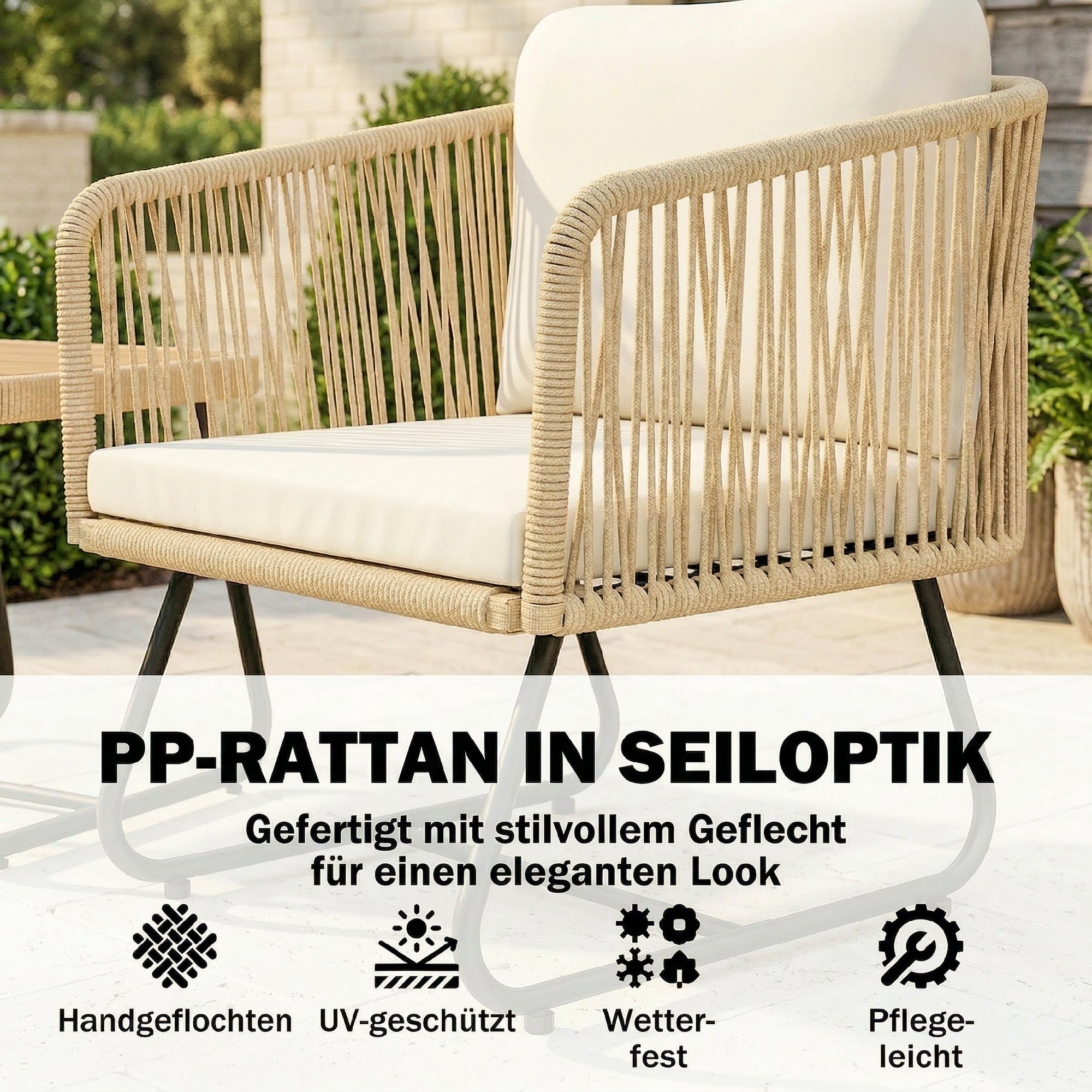 Rattan Bistroset 3 teiliges FSC Gartenmöbel-Set mit 2 Sessel, Lamell-Holztisch, dicke waschbare Kissen Stahlrahmen
