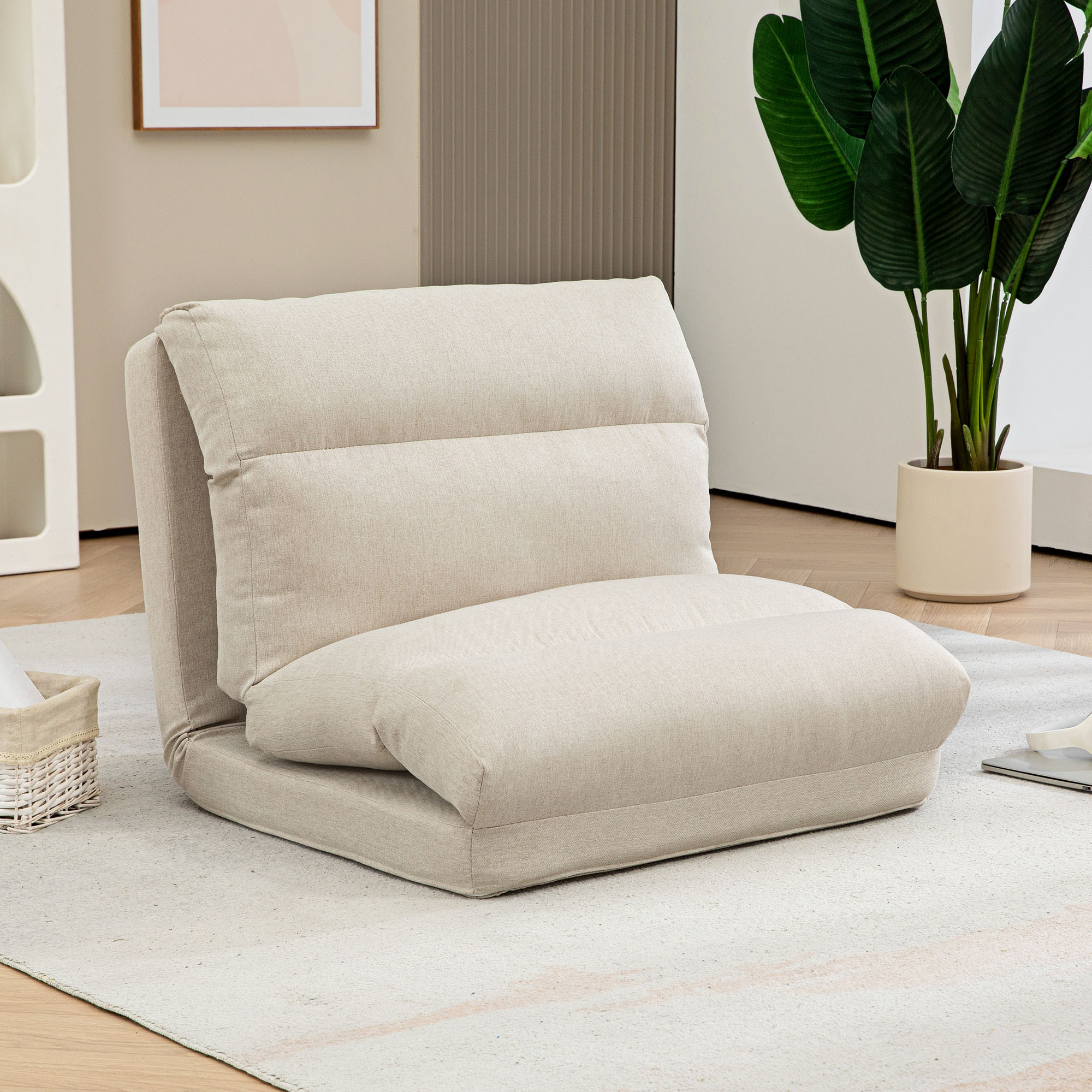 Sitzsack mit Bettfunktion, neigbare Lehne, klappbar, bis 120kg, 70 x 72 x 56 cm, Beige