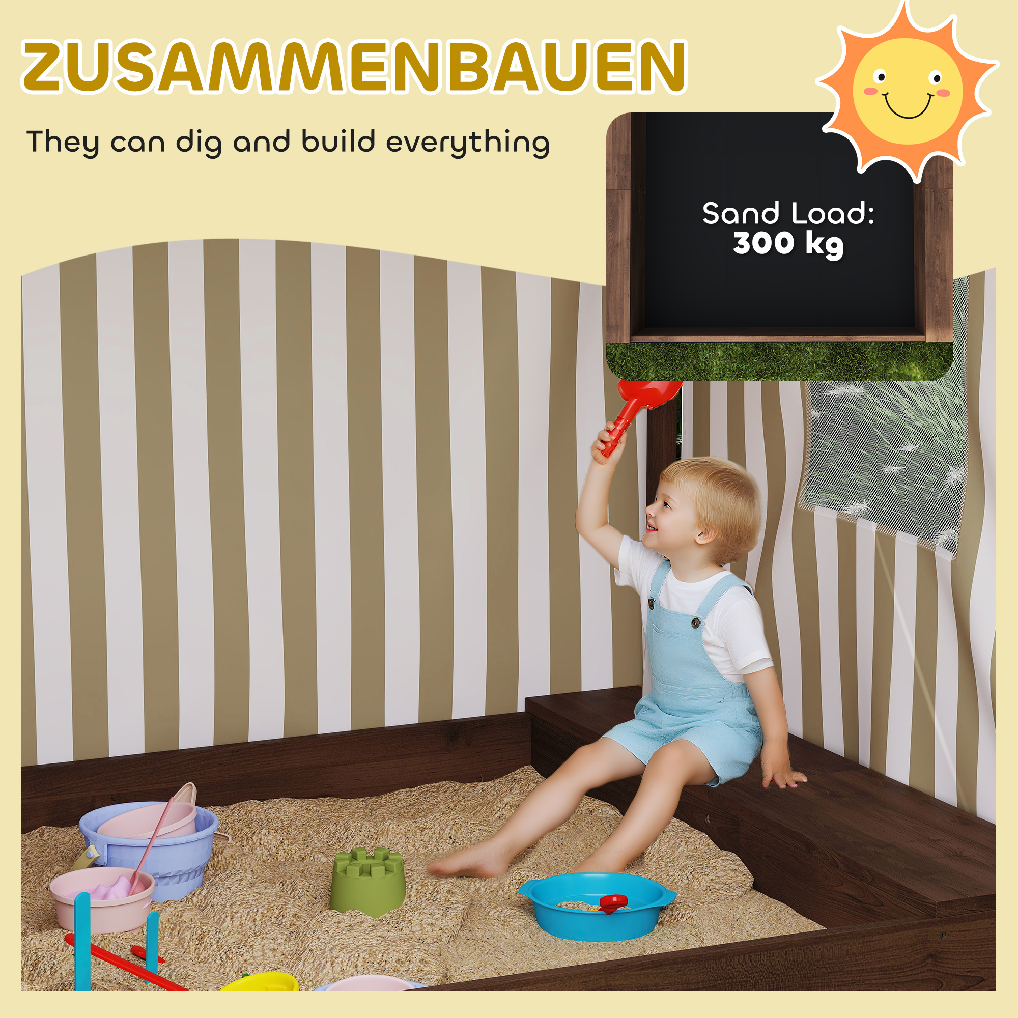 Sandkasten, Sandkiste mit Vordach und Netztür, Sitzbänke, Bodenschutz, Braun