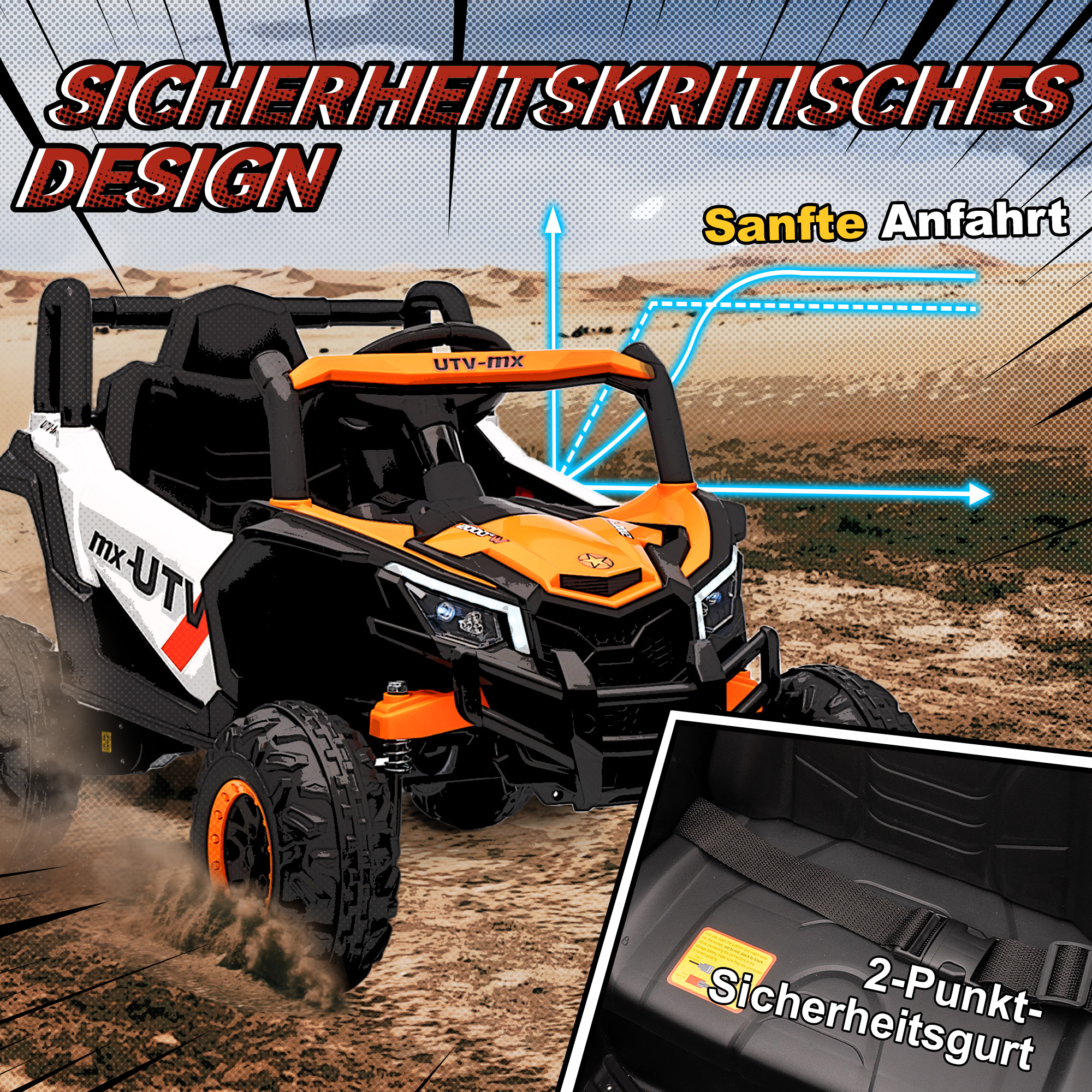 12V Elektroauto für Kinder, Fernbedienungsfunktion, Gurt, Hupe, LED-Lichter, USB-Port, für 3-5 Jahre, Orange