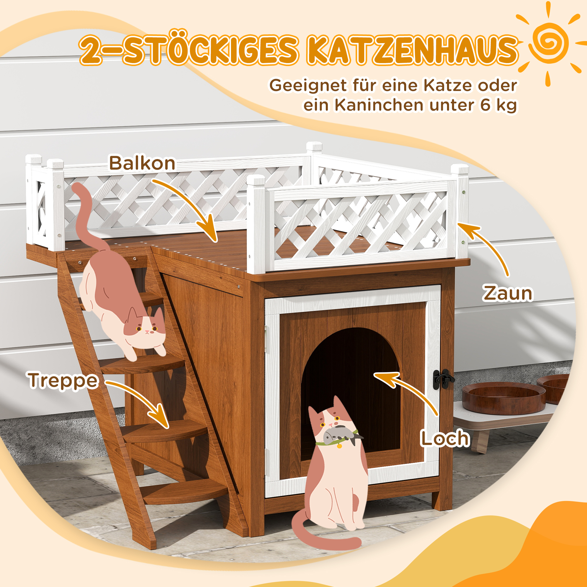 Katzenhaus, zweistöckig, mit Balkon und Treppe, für drinnen und draußen, für Katzen und Kaninchen, Tannenholz, Braun