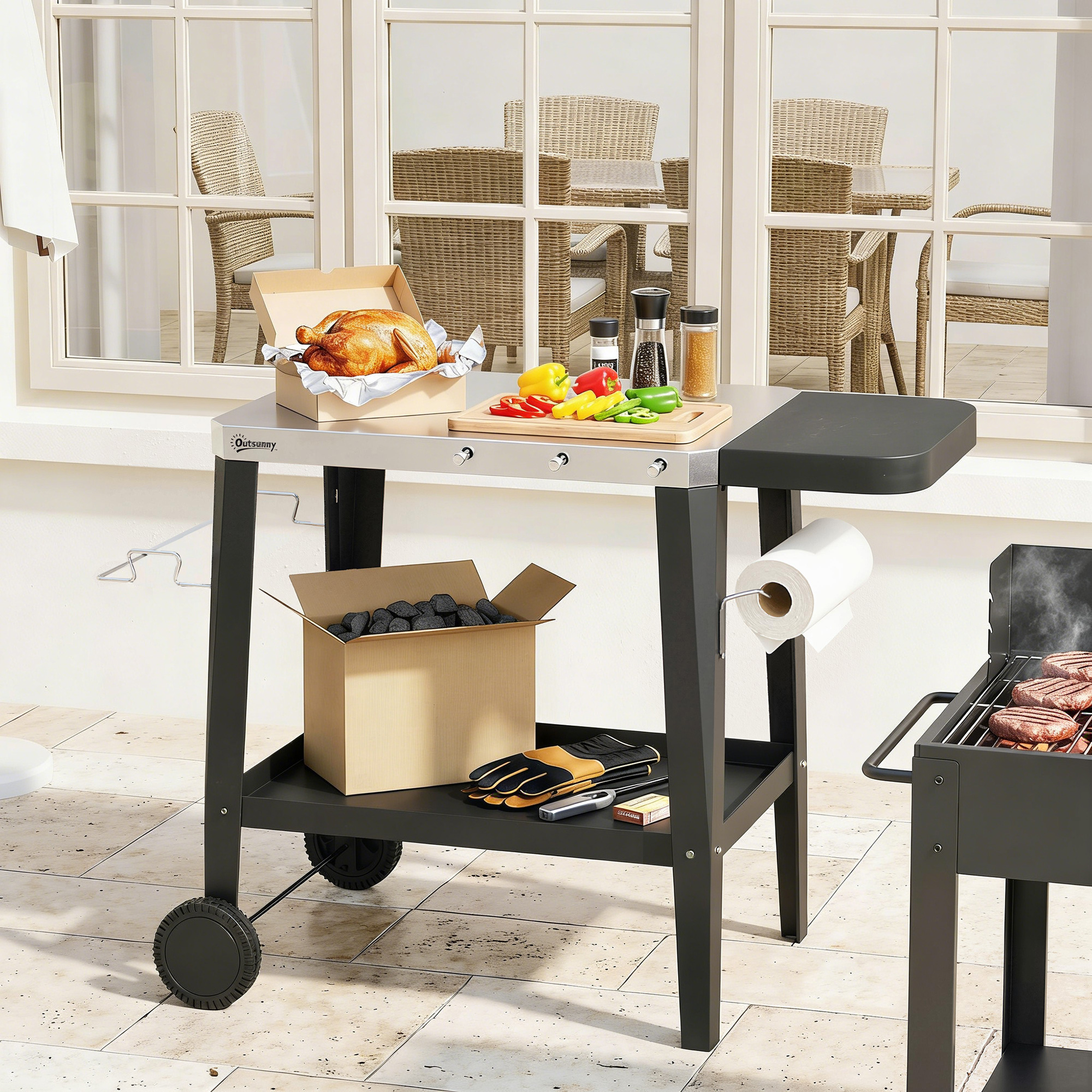 Küchenwagen mit Rollen Servierwagen mit Haken Papierrollenhalter Müllsackständer Edelstahl 115 x 67,5 x 80,5 cm Schwarz