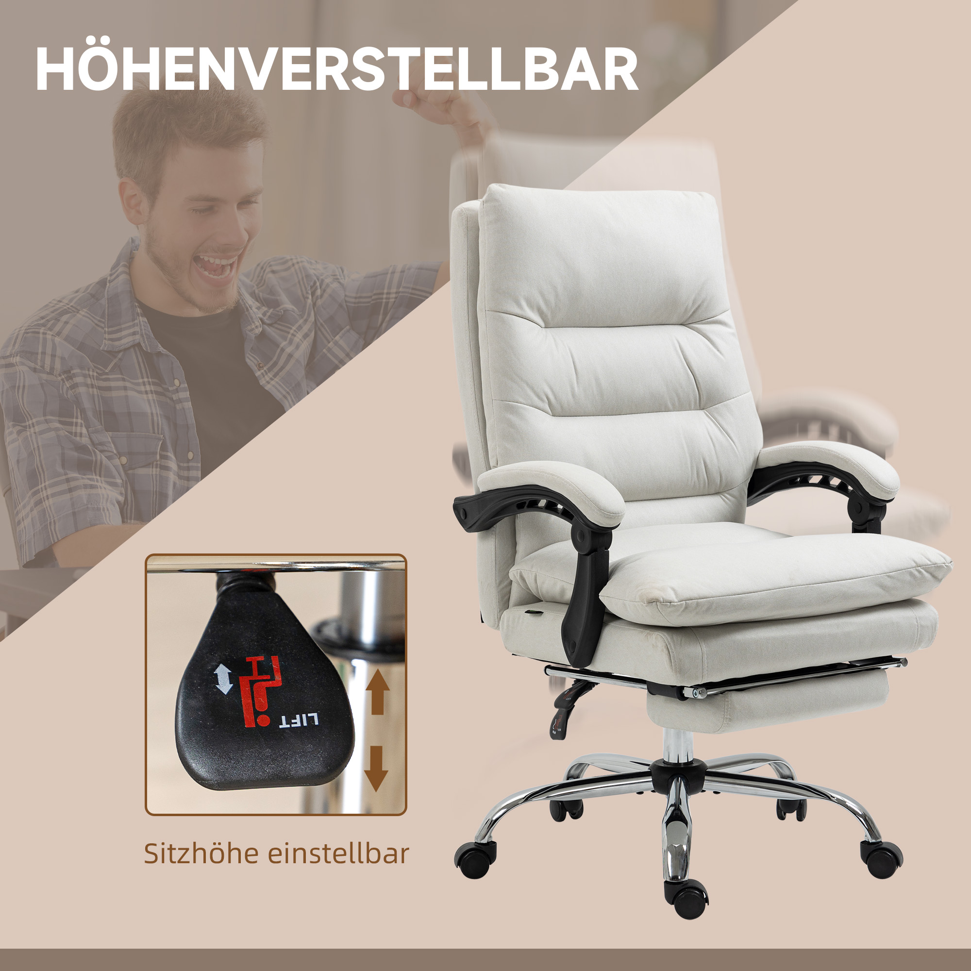 Bürostuhl mit Massagefunktion, beheizbar, neigbar, Kunstleder, 65x72x109-117cm, Cremeweiß