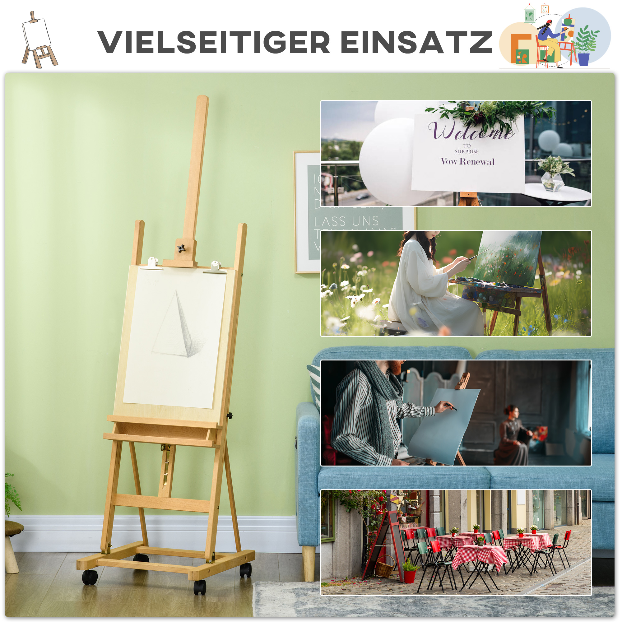 Staffelei, Künstlerstaffelei, Höhenverstellbar, 4 Rollen, Natur + Schwarz
