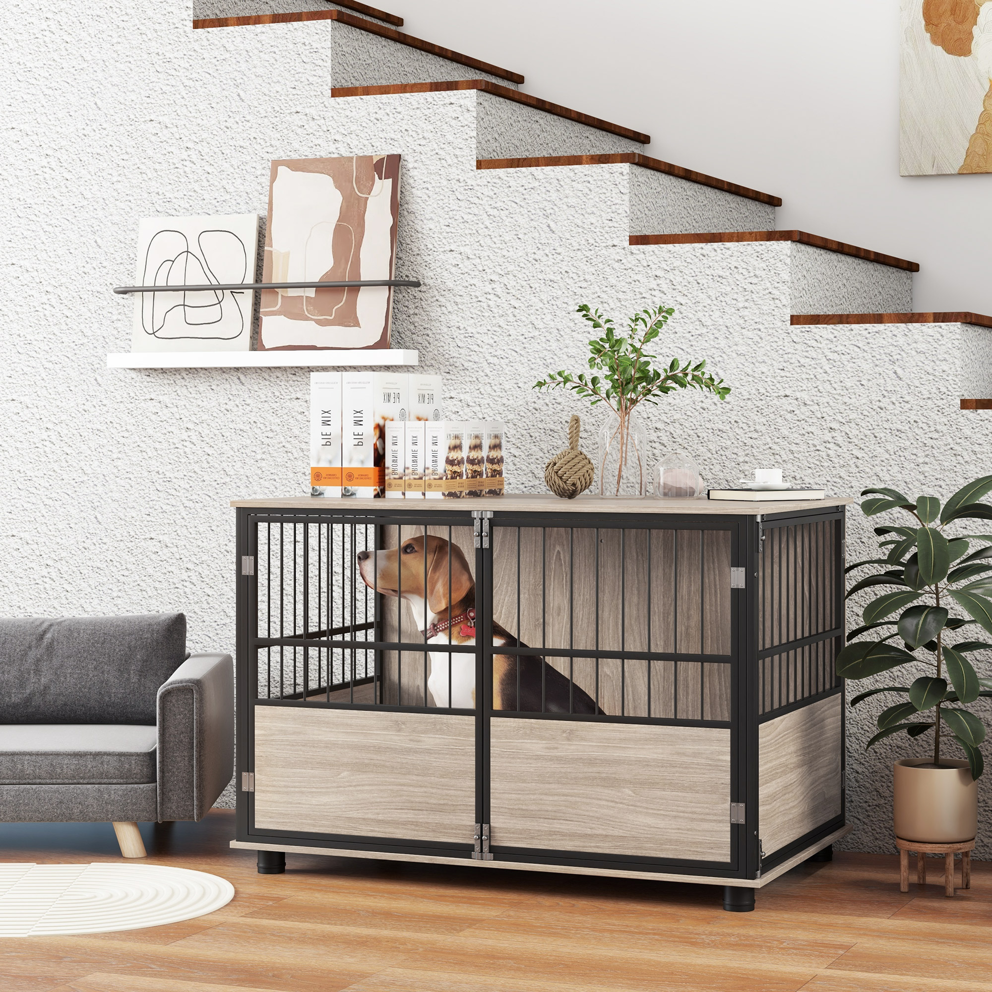 Hundebox, robust & stilvoll, 100x60x68cm, Walnussholz-Finish & Schwarz