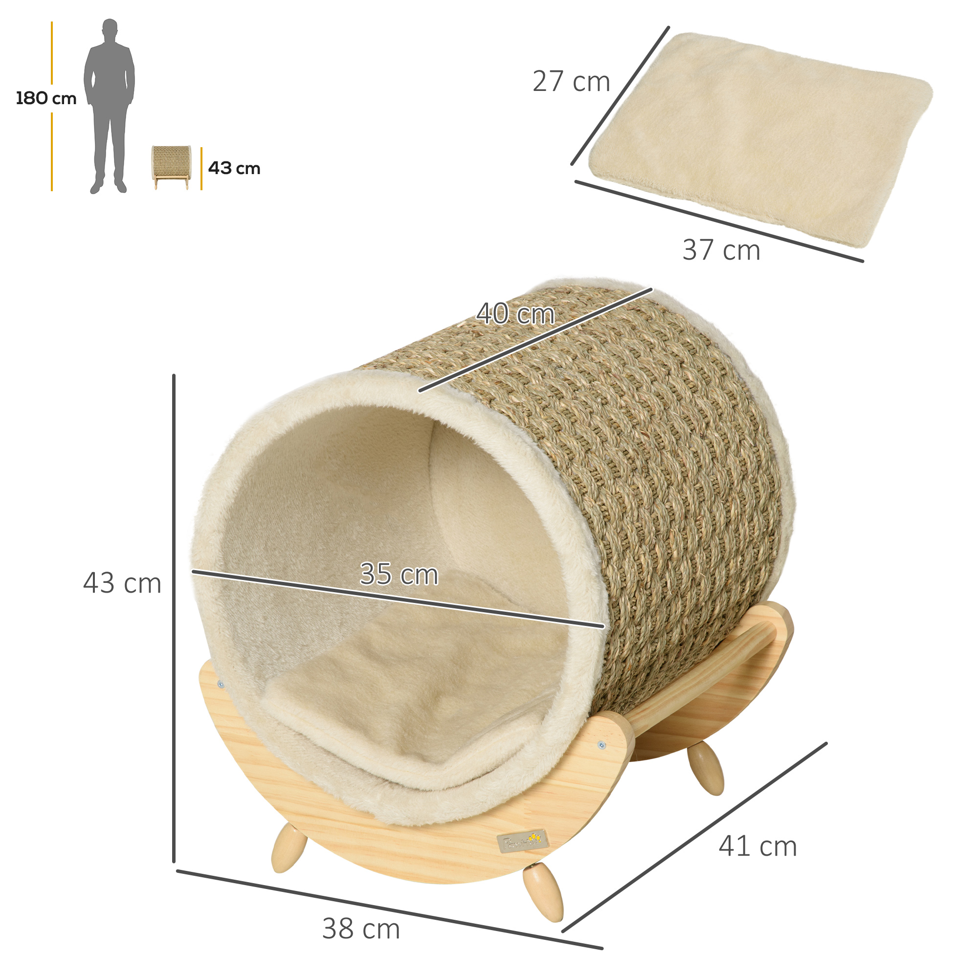 Katzenhöhle mit Kratzfläche inkl. Kissen, Kratztonne, 41 cm x 38 cm x 43 cm, Natur + Beige
